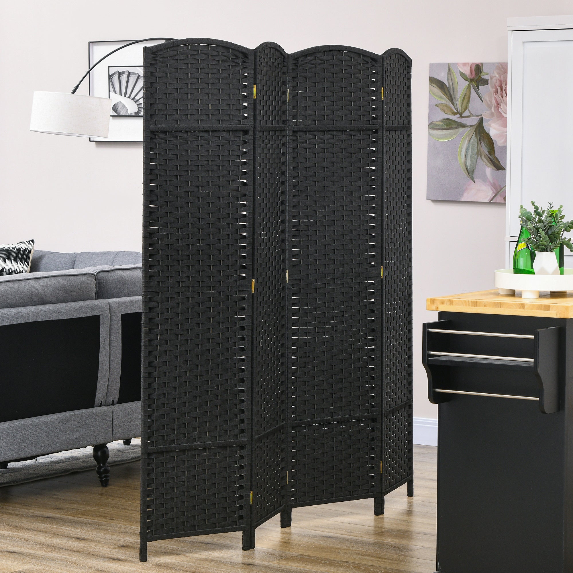 Folding Room Divider Screen 4 Panel 5.6 ' Tall Privacy Screen Freestanding Room Partition for Home Office, Black