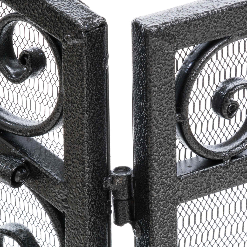 Retro style Fireplace Screen with Ornate Floral Iron Design and Three-Panel, No Assembly Required, 53.5" L x 2" W x 36.5" H, Black+Silver