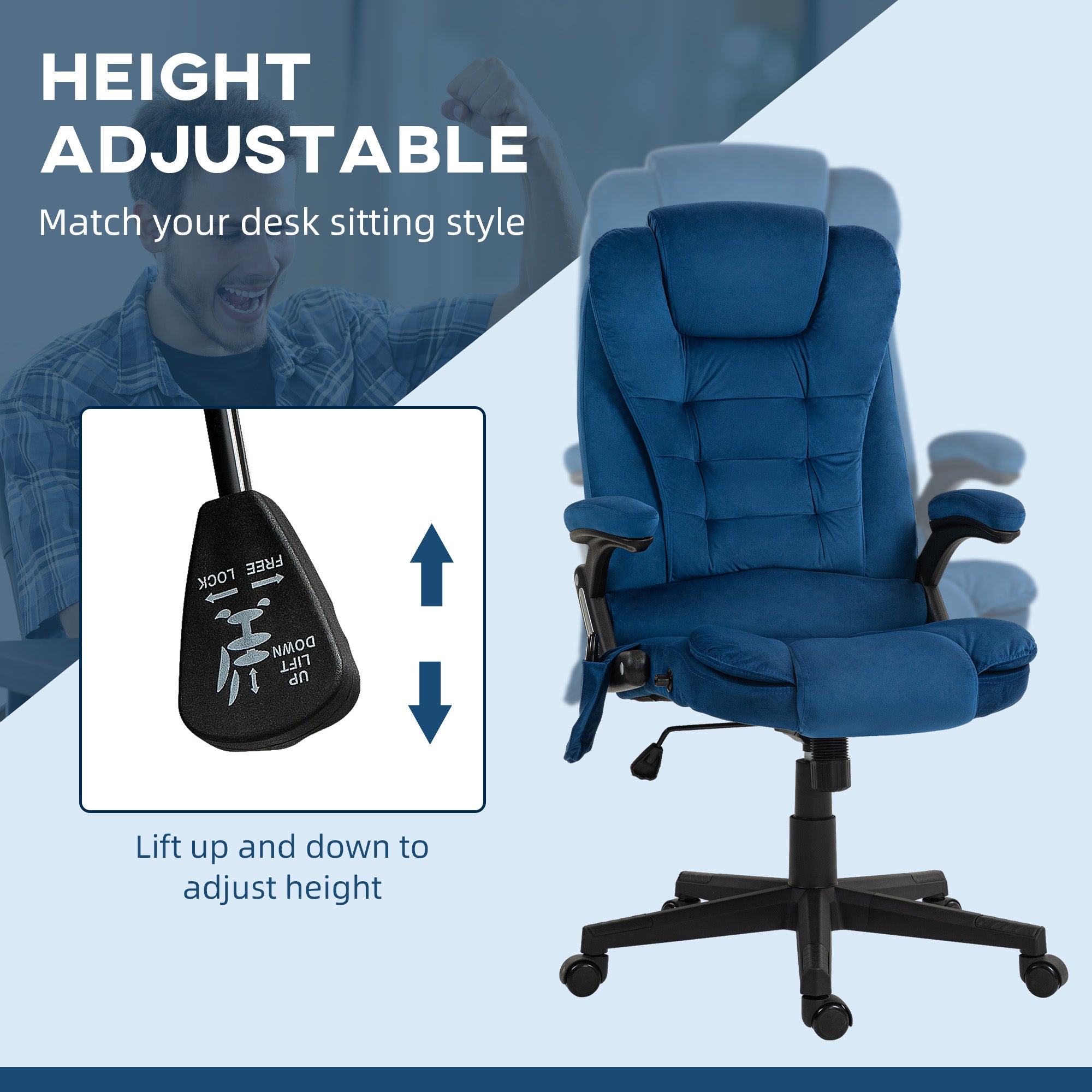 6 Point Executive Office Chair with Heat, Velvet High Back Vibrating Massage Office Chair, Drak Blue