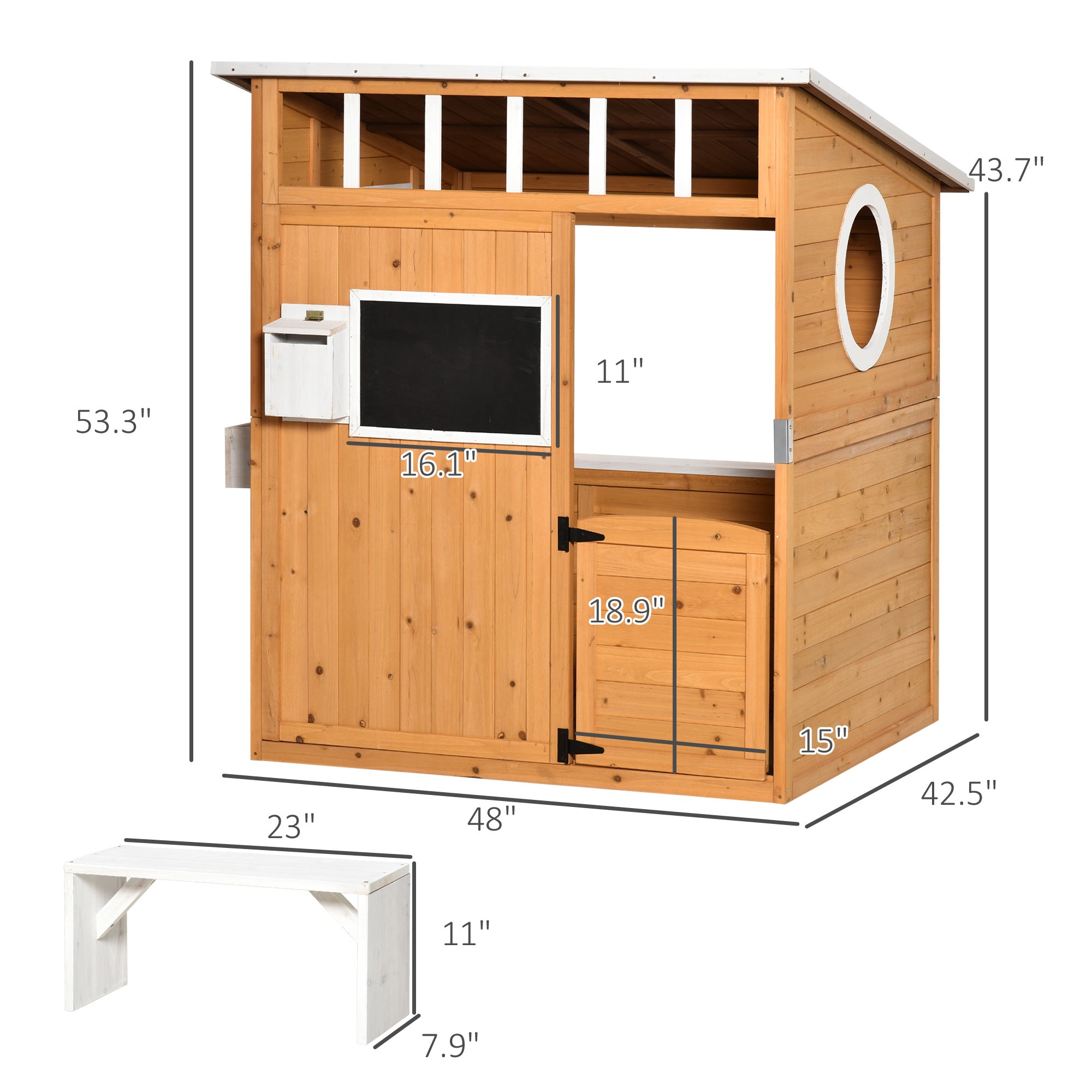 Wooden Playhouse for Kids Outdoor with Working Door, Windows, Mailbox, Bench, Flowers Pot Holder, 48" x 42.5" x 53"
