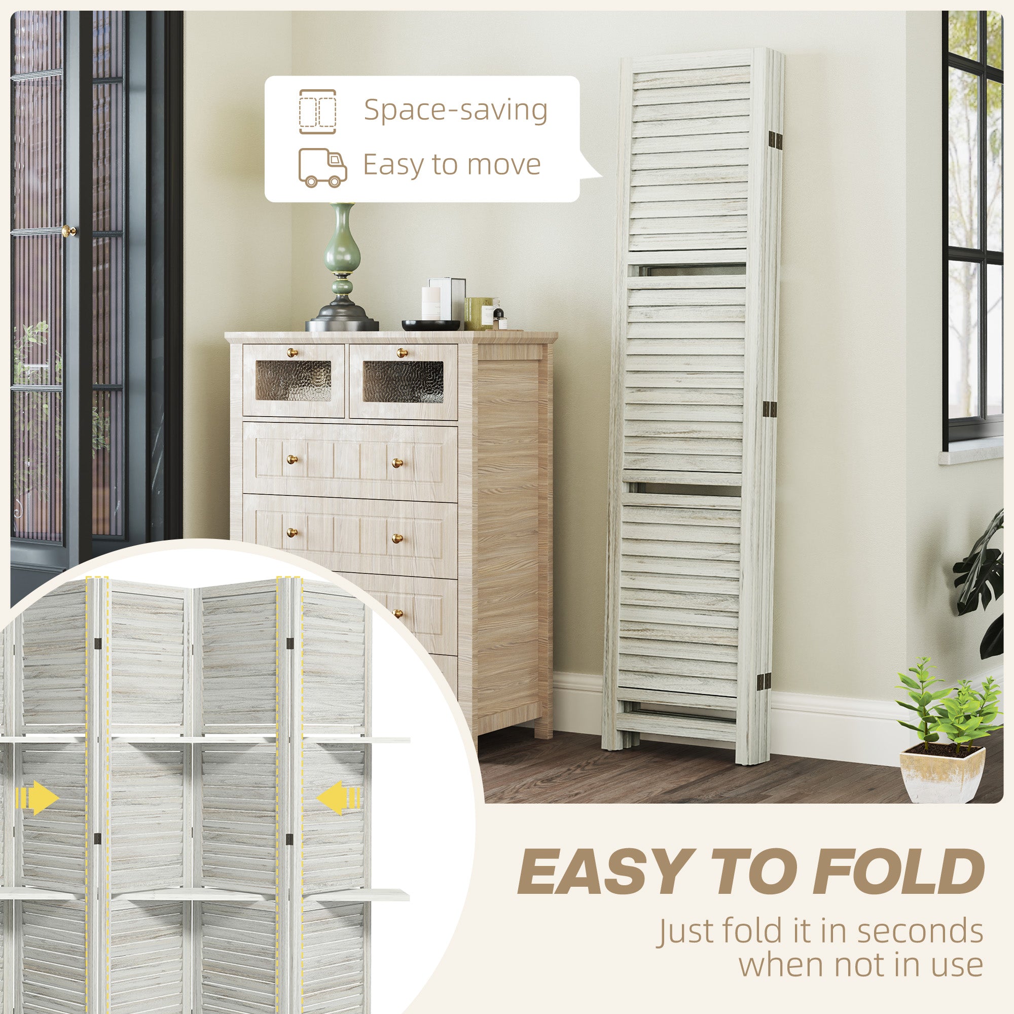 5 Panel 67" Tall Wood Privacy Screen Room Divider with 3 Shelves and Folding Storage for Bedroom, Distressed White