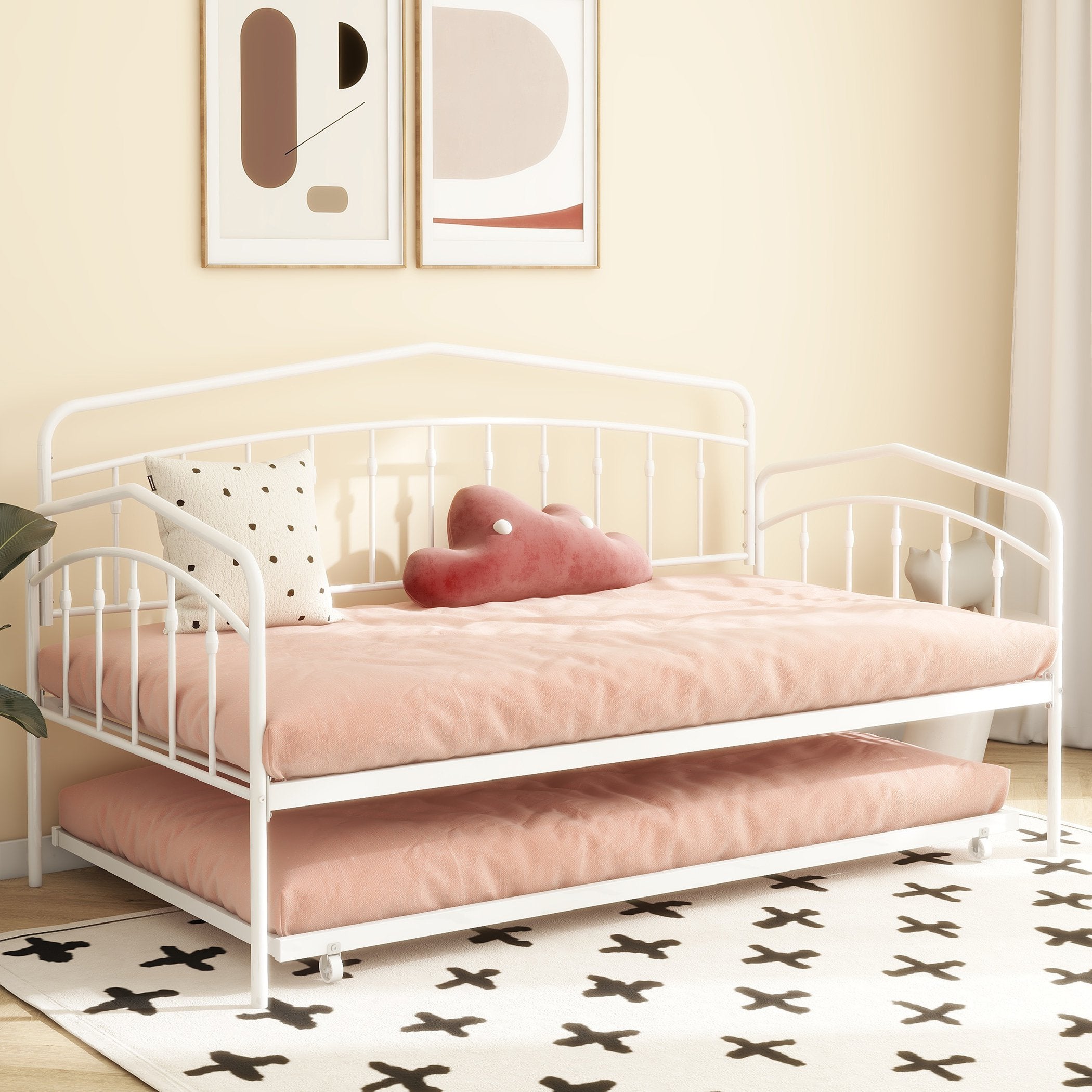 Fox Twin Metal Daybed Frame with Twin Trundle, Anti-Noise Design, No Box Spring Needed, Easy Installation, White