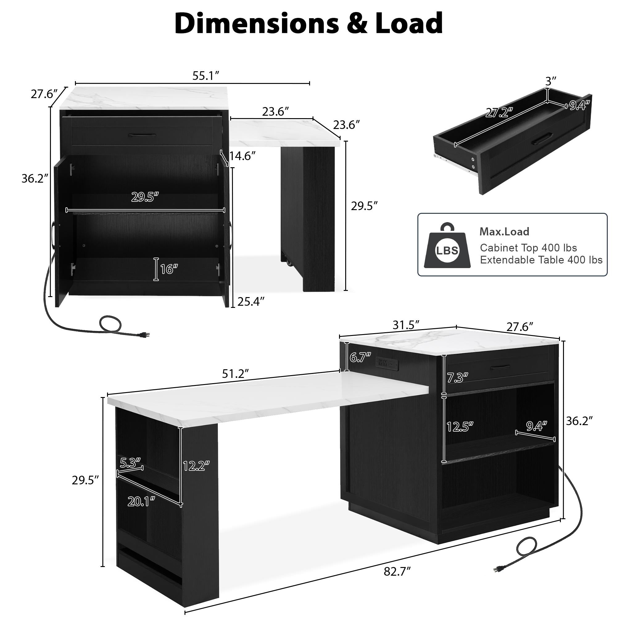 Kitchen Island with Extendable Dining Table for 4-6, Faux Marble Top, Double-Sided Storage, Power Outlet, 2 Drawers, 2 Side Open Shelves, Black
