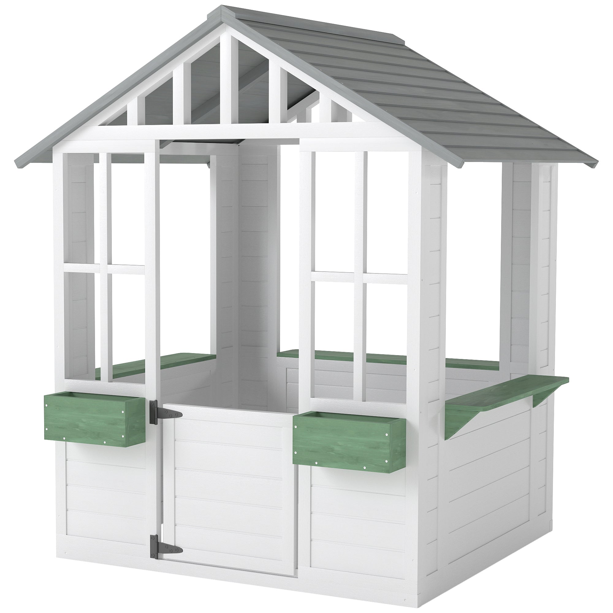 Kids Wooden Playhouse, Outdoor Garden Games Cottage with Flowers Pot Holder, Working Door, Windows, White