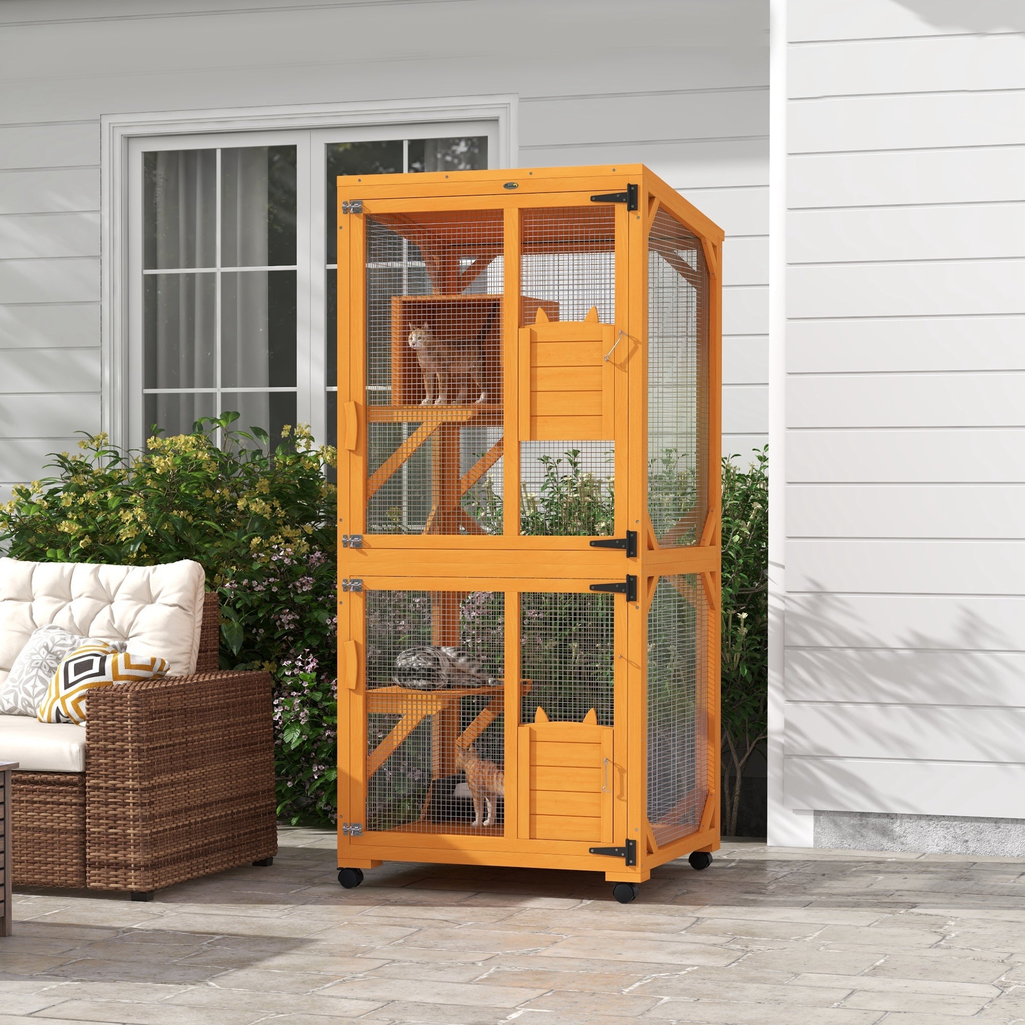 Large Cat House for 1-3 Cats on Wheels Wooden Catio Enclosure Orange