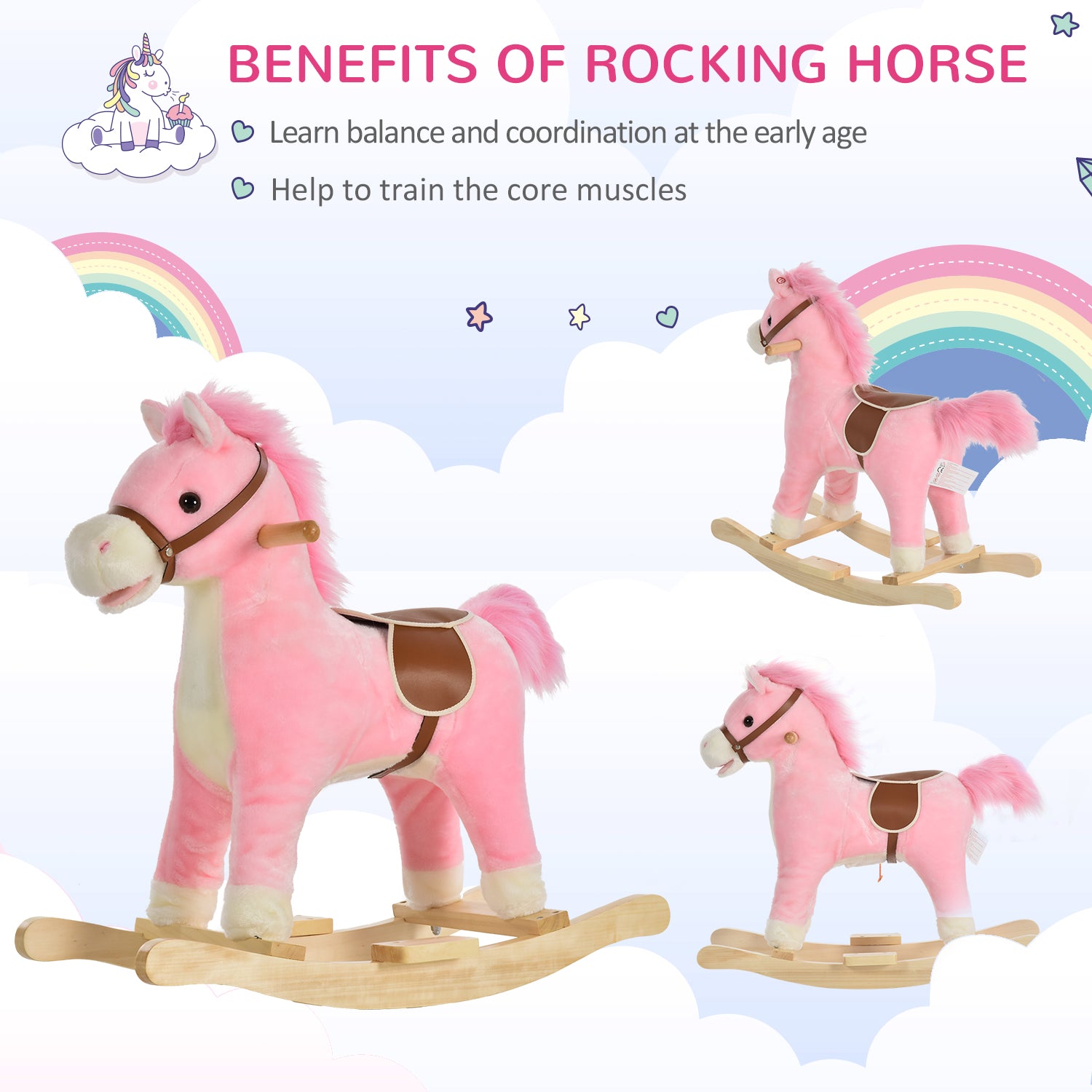 Rocking Horse Plush Animal on Wooden Rockers, Baby Rocking Chair with Sounds, Moving Mouth, Wagging Tail, Pink