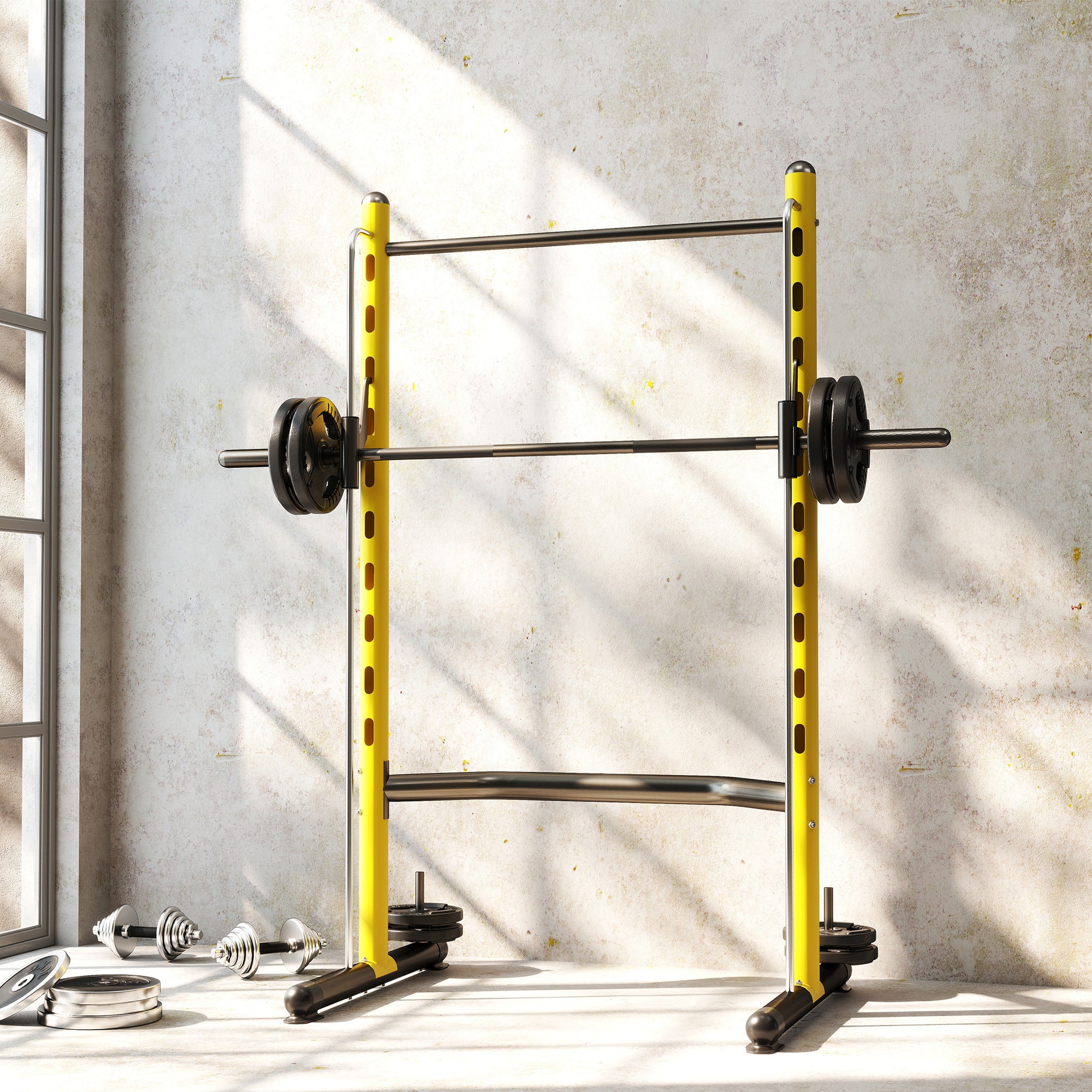 Squat Rack with Pull Up Bar and Barbell Bar Adjustable Bench Press Multi-Function Weight Lifting Half Rack, Yellow