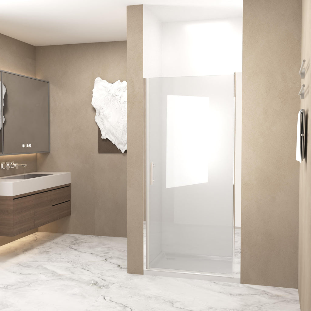 28" Pivot Shower Door with Safety Film and Tempered Glass, Bathroom Door with Stainless Steel Handle, 28" L x 0.5" W x 72" H, Brushed Nickel