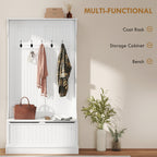3-In-1 Entryway Bench with Coat Rack, Hall Tree with Bench and Shoe Storage, 5 Hooks for Hallway Cream White