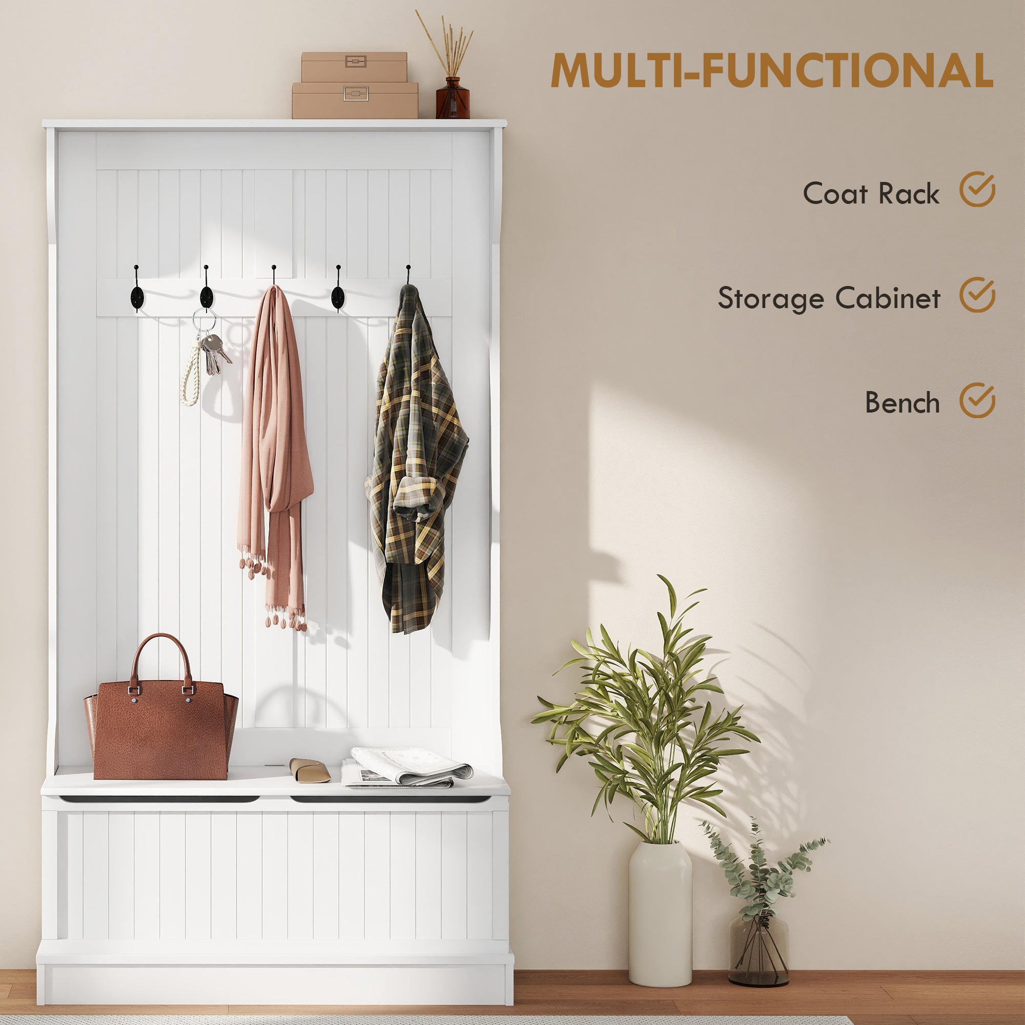 3-In-1 Entryway Bench with Coat Rack, Hall Tree with Bench and Shoe Storage, 5 Hooks for Hallway Cream White