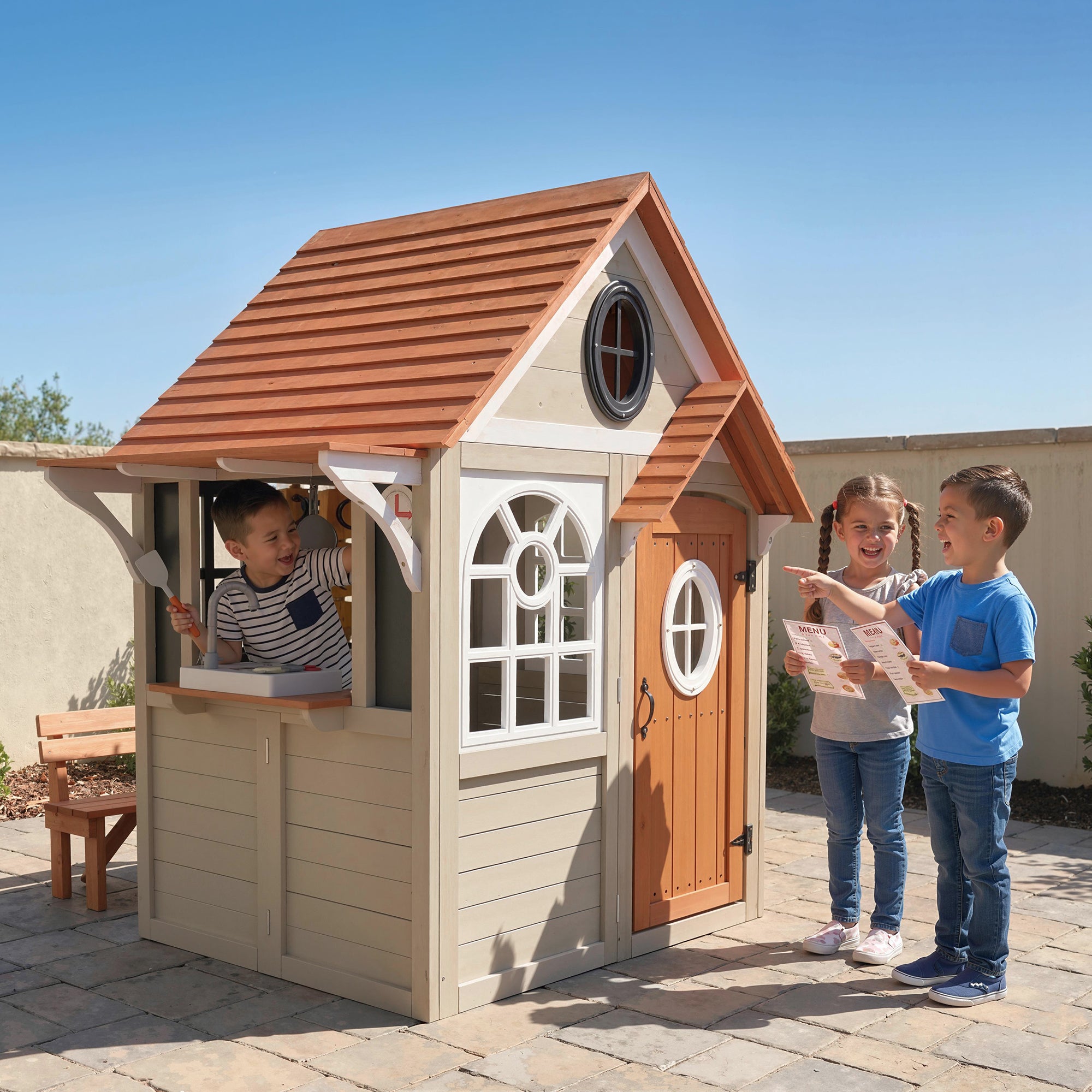 Outdoor Playhouse, Wooden Kids Playhouse with Dog Door, Cookware, Blackboard, Clock, Tic-Tac-Toe Roller for Backyard