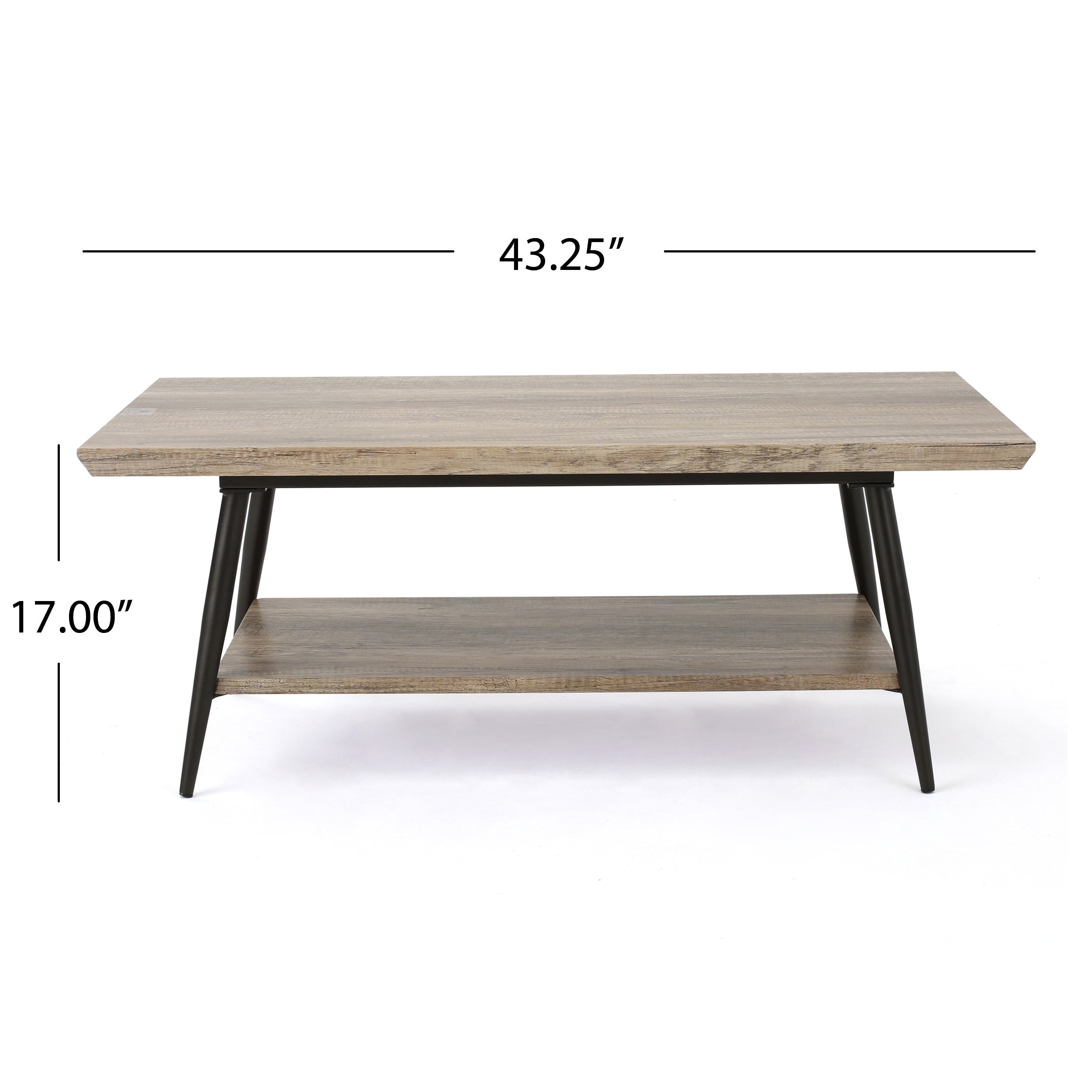 Mid-Century Coffee Table with Lower Shelf, Powder-Coated Steel Legs, MDF with Veneer, 43.25" L x 23.5" W x 17" H, Grey