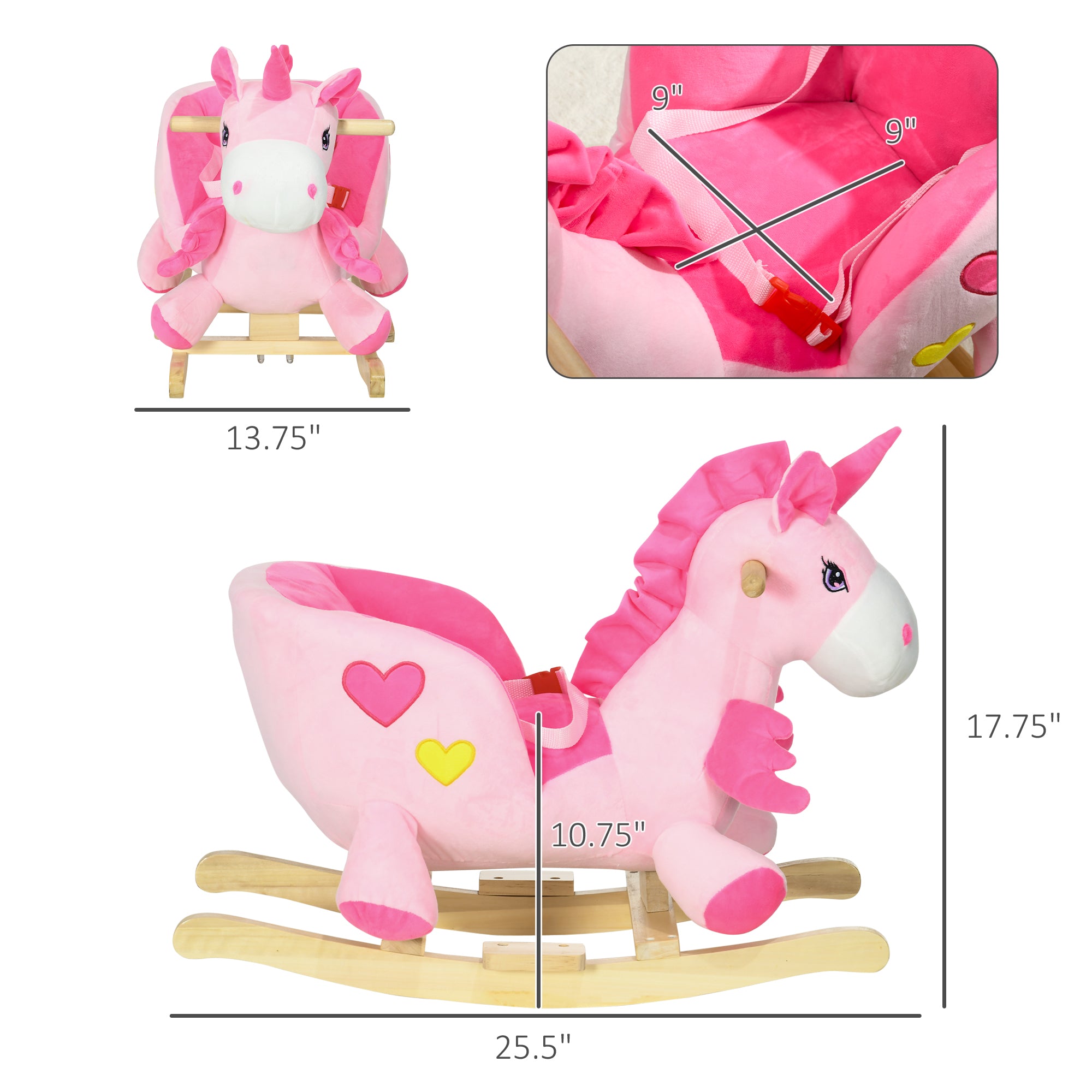 Baby Rocking Horse Ride On Unicorn with 32 Songs, Seatbelt, Pink