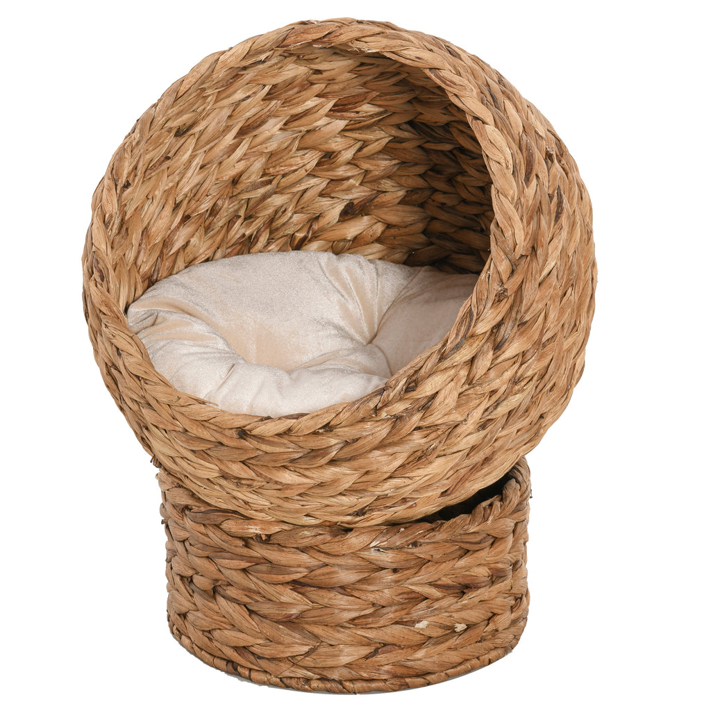 Handwoven Elevated Cat Bed with Soft Cushion & Egg Chair Shape, Basket Bed Kitty House with Stand, Raised Wicker House for Indoor Cats, 23.5" H, Light Brown