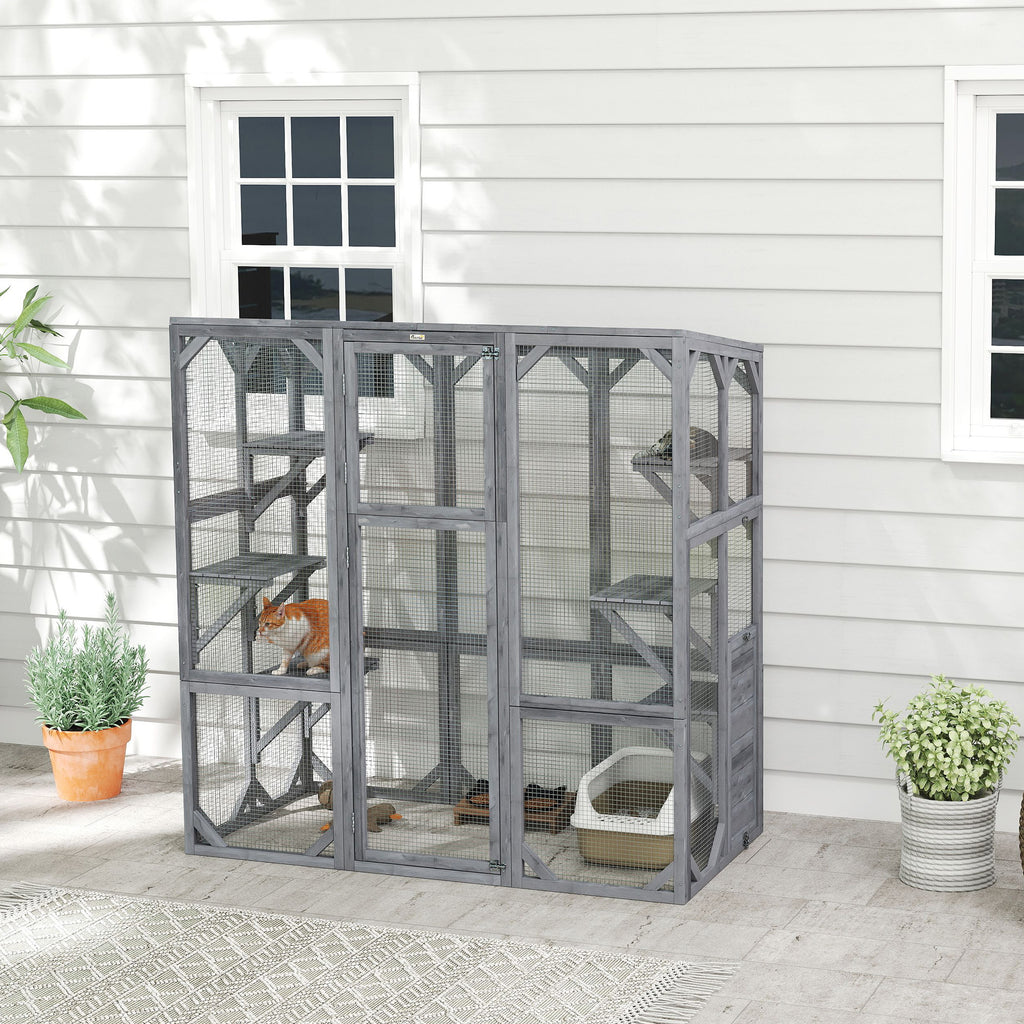 Large Wooden Catio Outdoor with 6 Jumping Platforms, Weatherproof Roof, for 1-3 Cats, 59" x 28" x 60", Gray