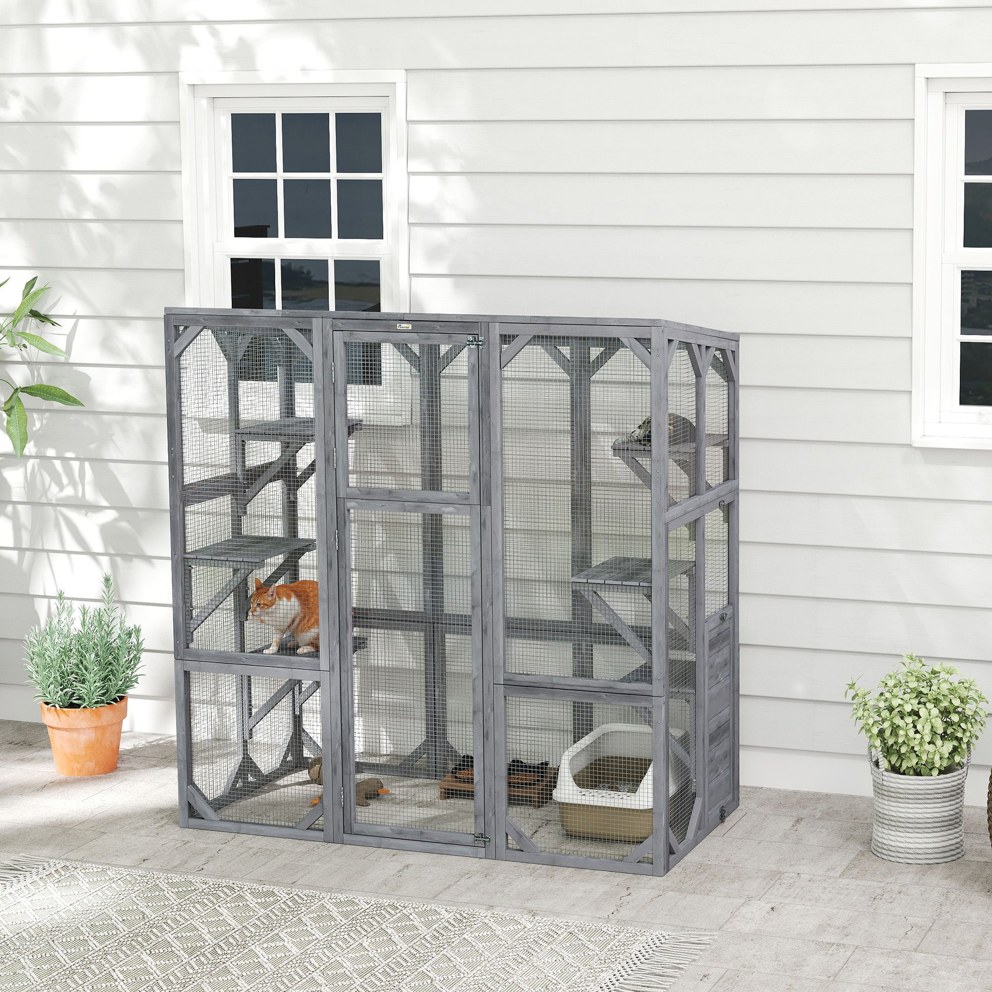 Large Wooden Catio Outdoor with 6 Jumping Platforms, Weatherproof Roof, for 1-3 Cats, 59" x 28" x 60", Gray