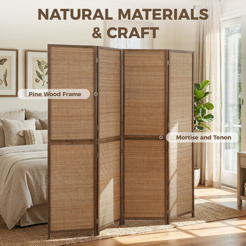Room Divider, 4 Panel Folding Privacy Screen, 6 FT Tall Hand-Woven Bamboo Wall Partition, Brown