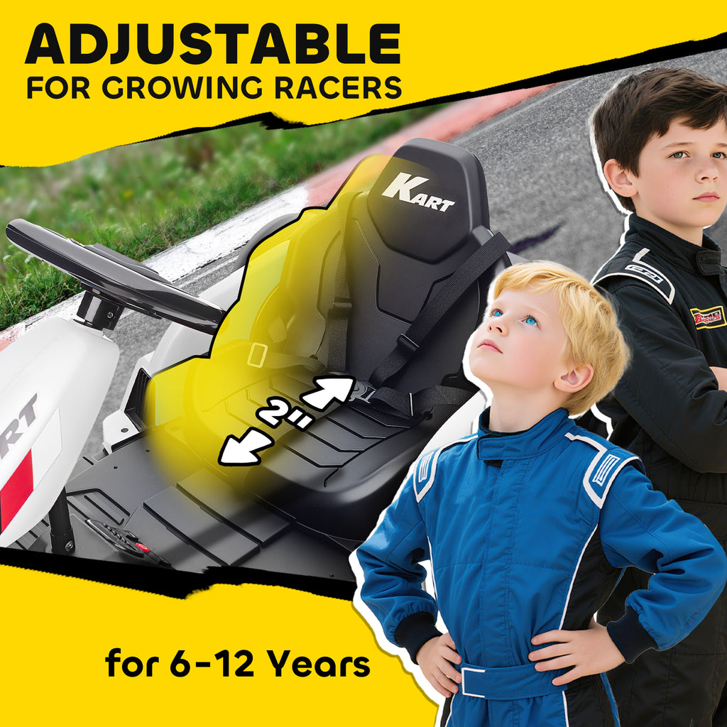24V Electric Go Kart with Dual 150W Motors, Adjustable Seat & 11.2MPH High Speed, Slow Start, 5-Point Harness, White