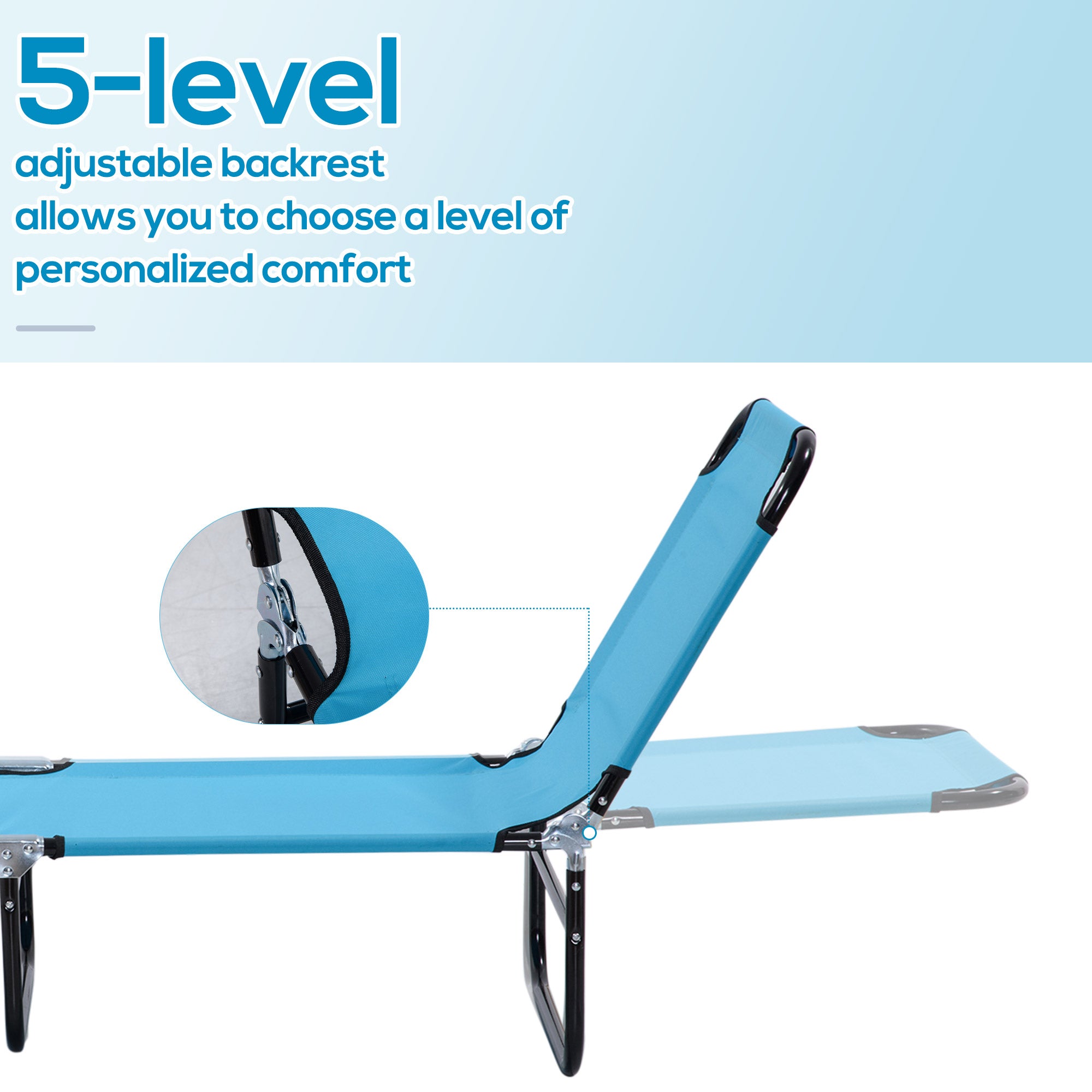 Folding Chaise Lounge Pool Chairs, Outdoor Sun Tanning Chairs with 5-Level Reclining Back, Steel Frame for Beach, Yard, Patio, Sky Blue