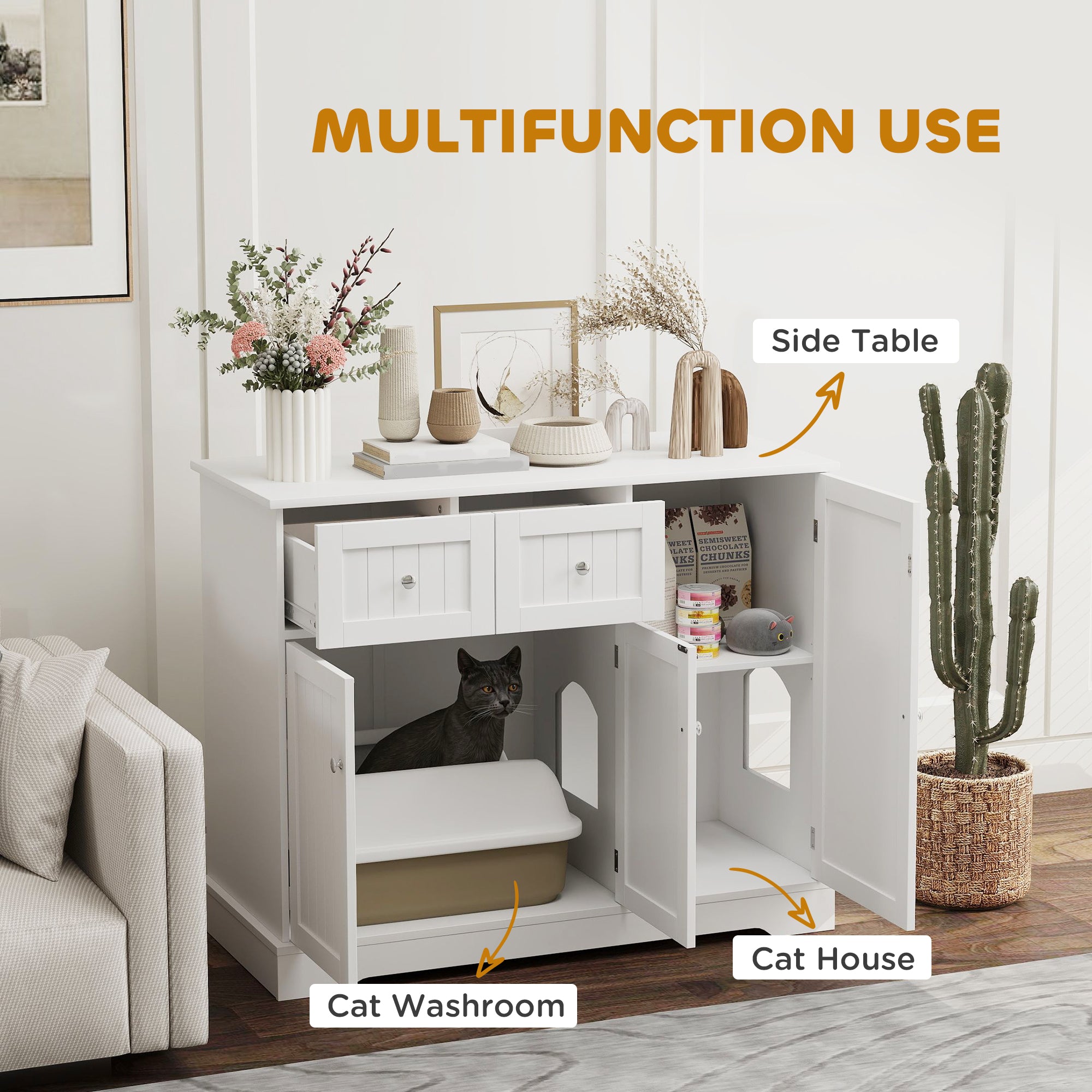 Cat Litter Box Enclosure with Drawers, Storage, Anti-tip Kit, 39" x 18" x 31.5", White