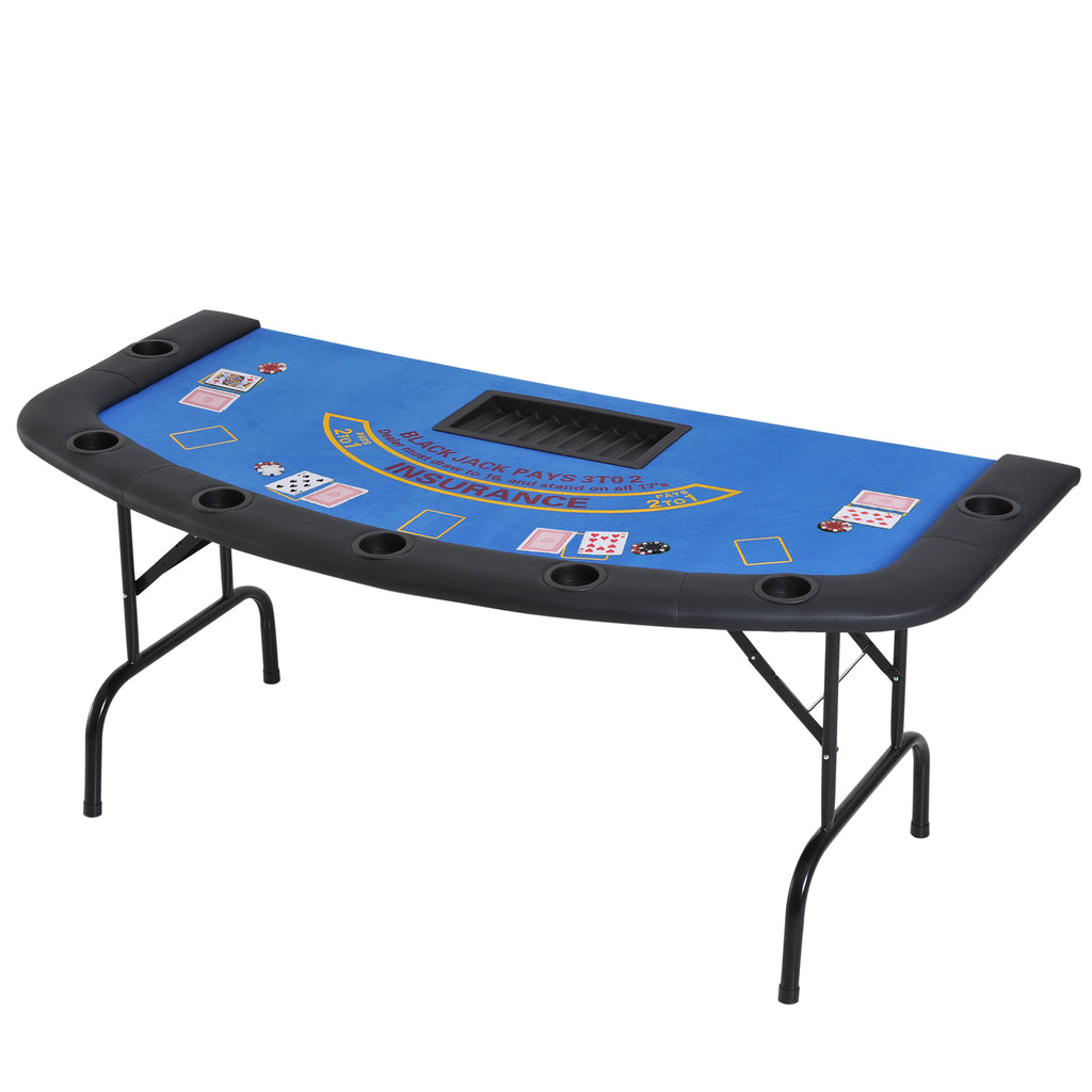 Poker Table Foldable, 72" Blackjack Table for 7 Players with Chip & Cup Holder, Blue Felt
