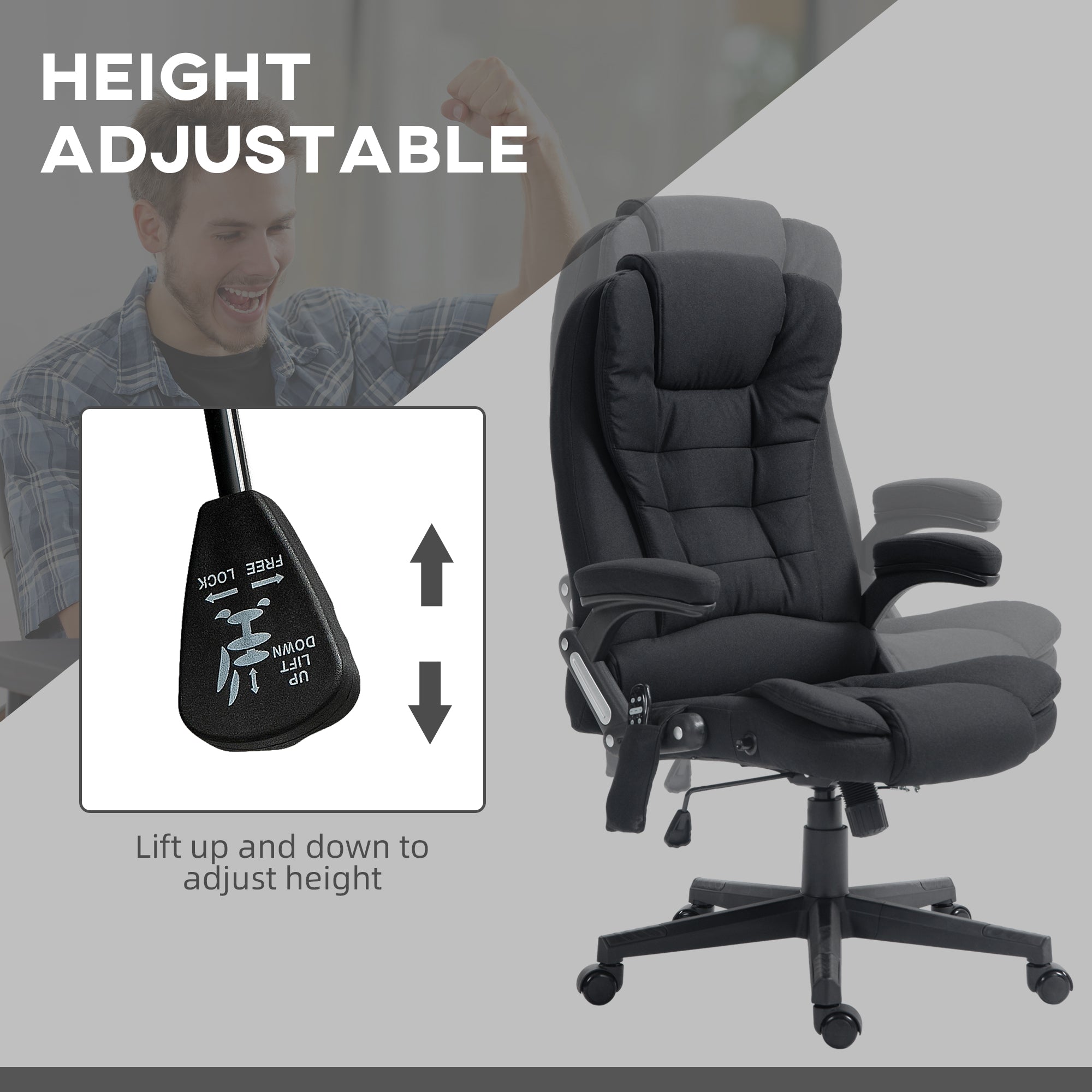 6 Point Vibrating Massage Office Chair with Heat, Linen High Back Massage Desk Chair with Reclining Backrest, Black