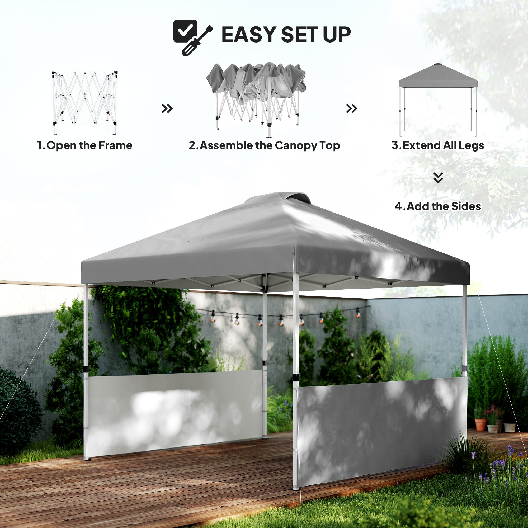 10' x 10' Pop Up Canopy Tent with 2 Half Sidewalls, UV50+ Instant Sun Shelter with Wheeled Carry Bag, Dark Gray