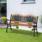 50" Outdoor Garden Bench, Park Patio Bench Loveseat, Wood & Metal Frame with Plastic Flourish Backrest, Natural Wood