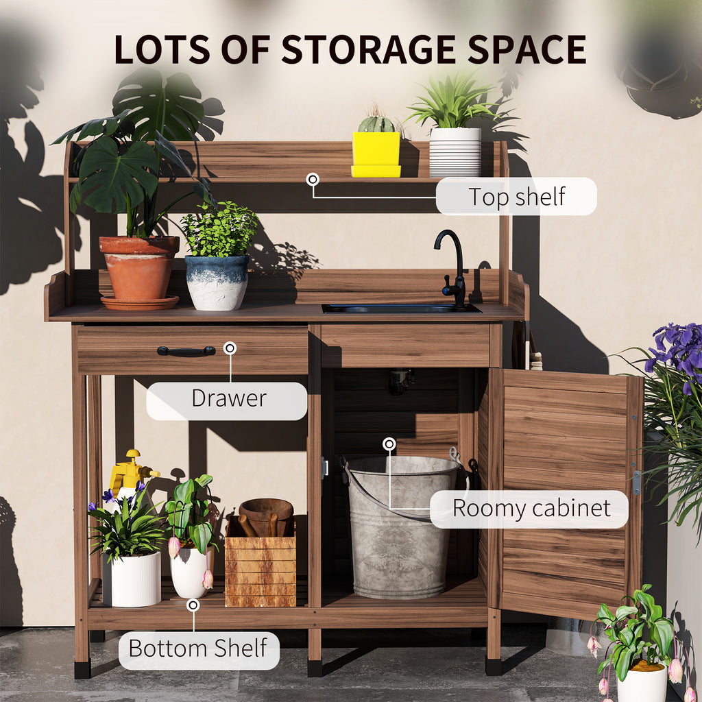 Potting Bench Table with Removable Sink, Outdoor Work Bench Table with Storage Cabinet, Hooks, Faucet and Drawer for Greenhouse, Garden, Patio, Dark Brown