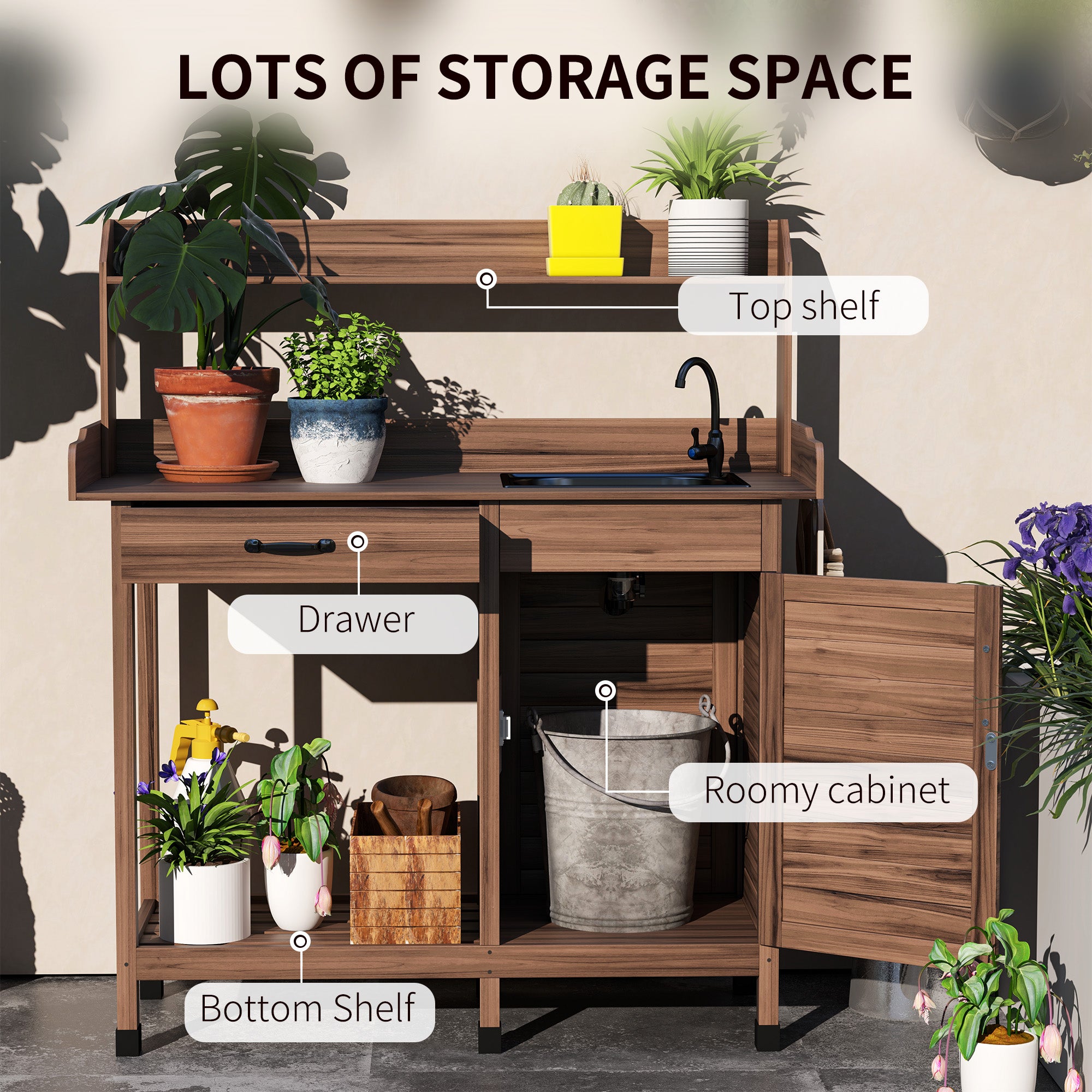 Potting Bench Table with Removable Sink, Outdoor Work Bench Table with Storage Cabinet, Hooks, Faucet and Drawer for Greenhouse, Garden, Patio, Dark Brown