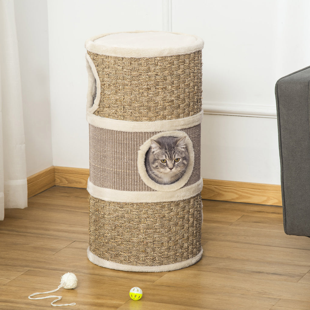 28 Inch Cat Condo, 3 Story Cat Hideaway with Sisal Scratching Pad