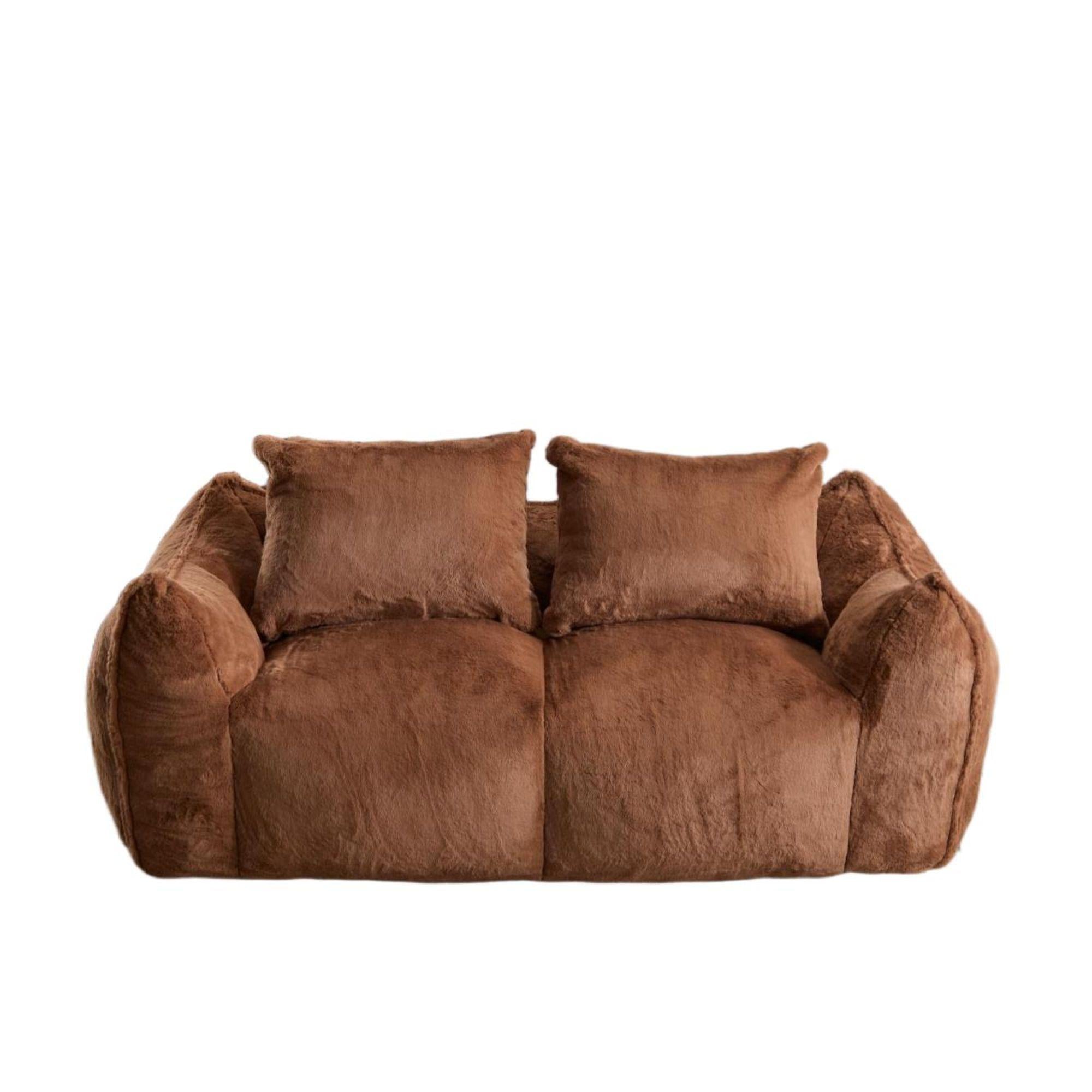 Bean Bag Sofa with High-Density Foam and Faux Fur Fabric, Compressed Sofa Oversized Fluffy Loveseat for Adults, 75" L x 42.5" W x 28.5" H, Brown
