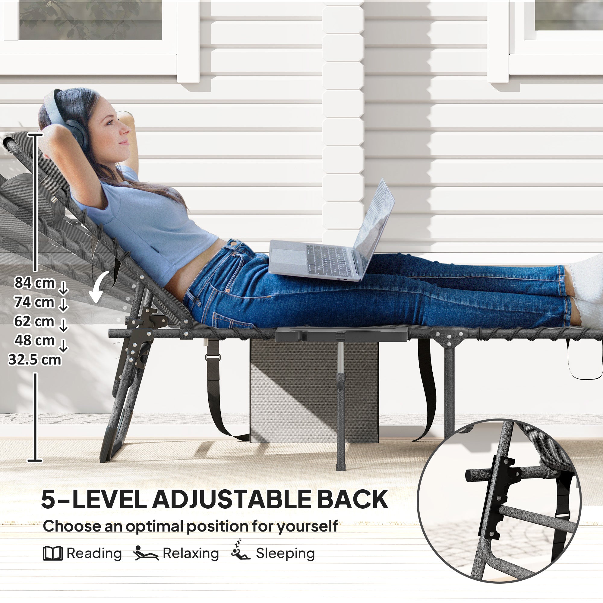 Folding Outdoor Chaise Lounge Chair Tanning Chair with 5-Level Adjustable Back, Side Table, Pillow, Pocket, Gray