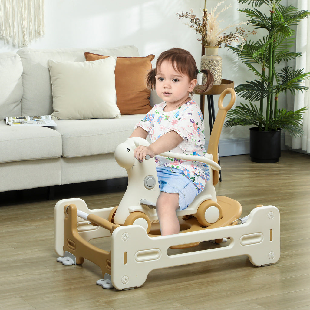 5 in 1 Kids Rocking Horse with Detachable Base, Safety Guardrails, Footrests, Push Handle for Ages 1-3, Brown