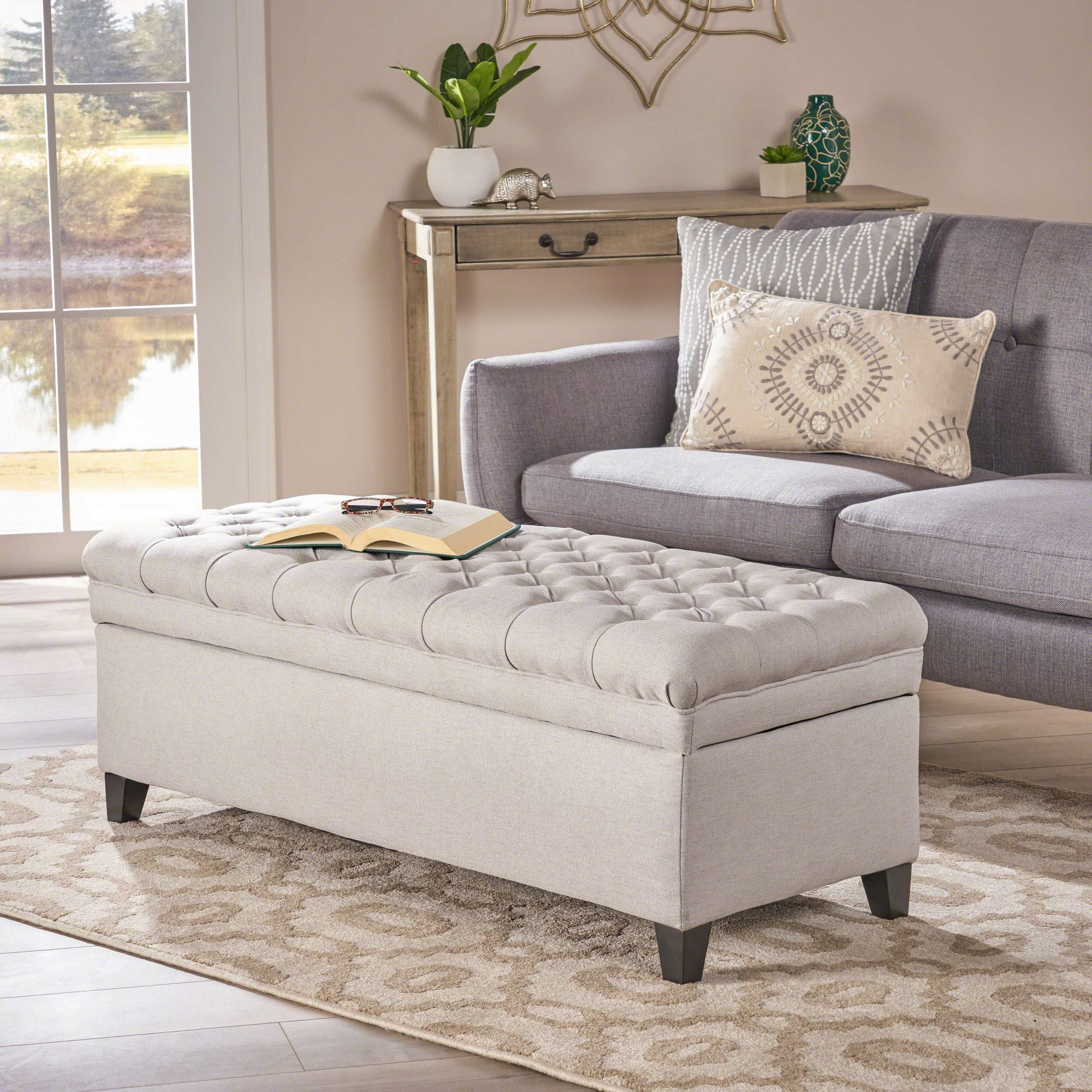 Storage Ottoman with Birch Legs, Hand-Tufted Fabric, 50" L x 20.5" W x 18.25" H, Spot Clean, Light Gray