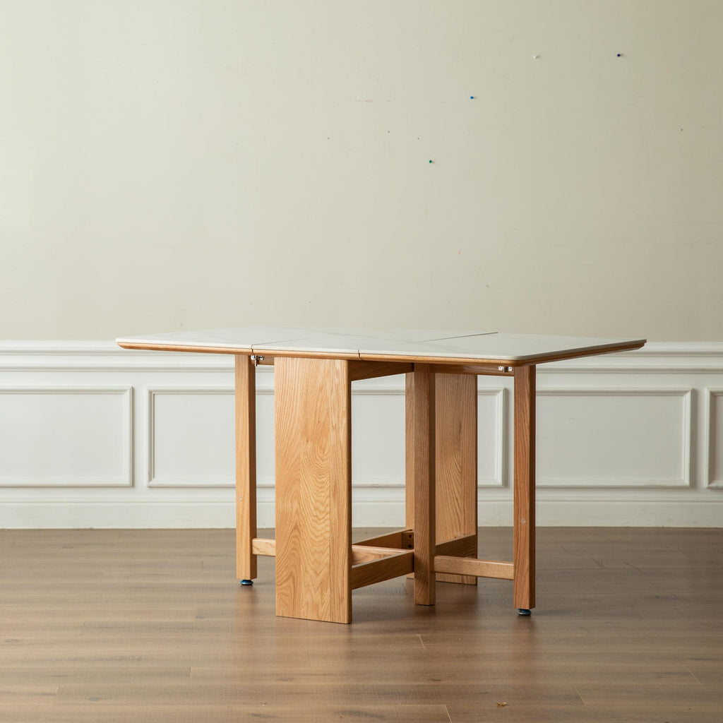 Solid Oak Extending Dining Table with Faux Rock Slab Top, Space-Saving Kitchen Table for 4-6 People, 559″ L x 31.5″ W x 29.5″ H, Light Oak