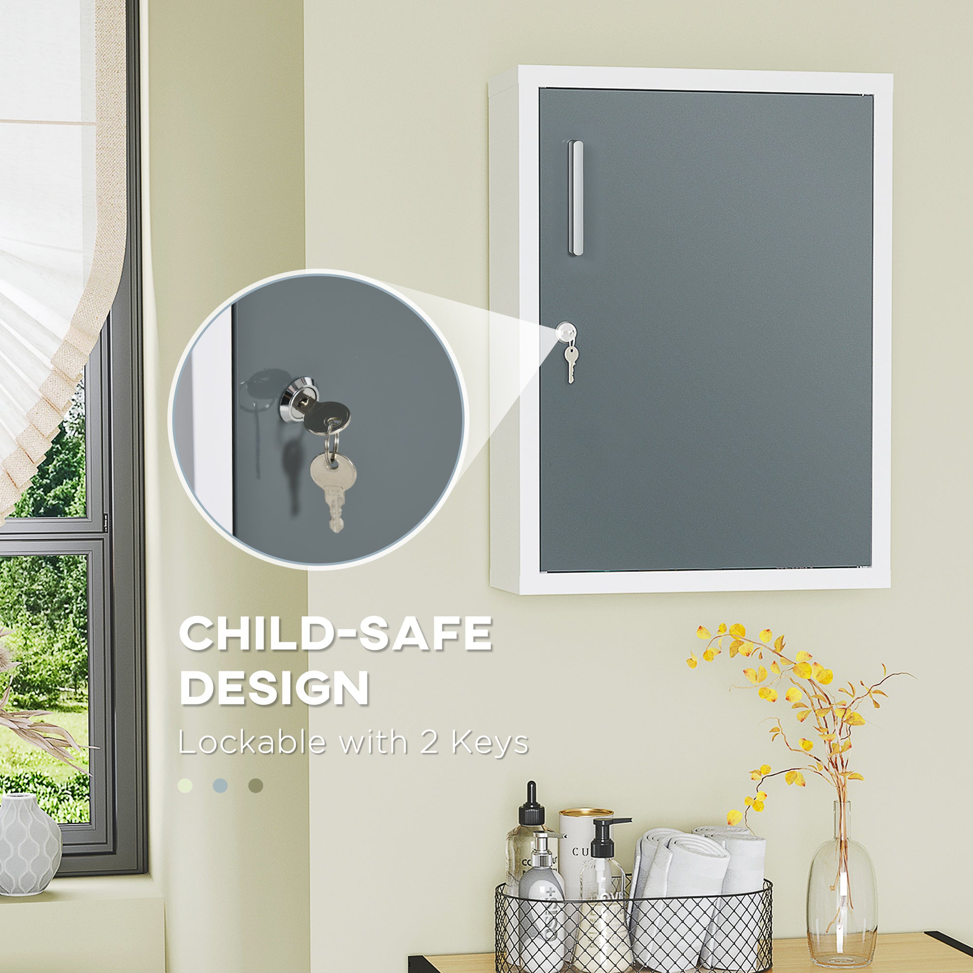 Bathroom Medicine Cabinet with Shelves Inside & On Door, Locking Medical Cabinet for Child & Pet Safety, First Aid Bathroom Wall Cabinet, White and Gray