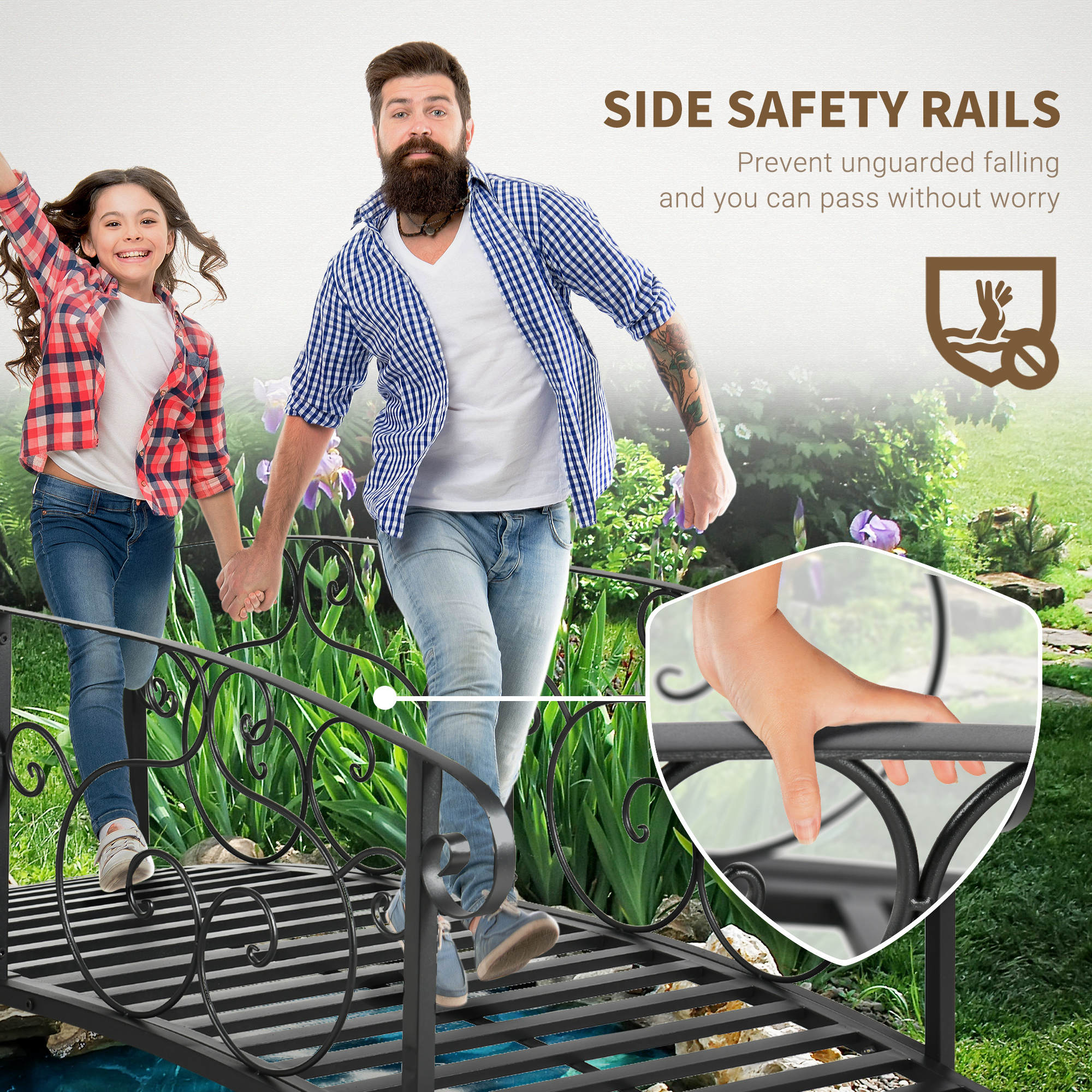 6' Metal Arch Backyard Garden Bridge, Safety Siderails, Arc Footbridge for Backyard Creek, Stream, Pond