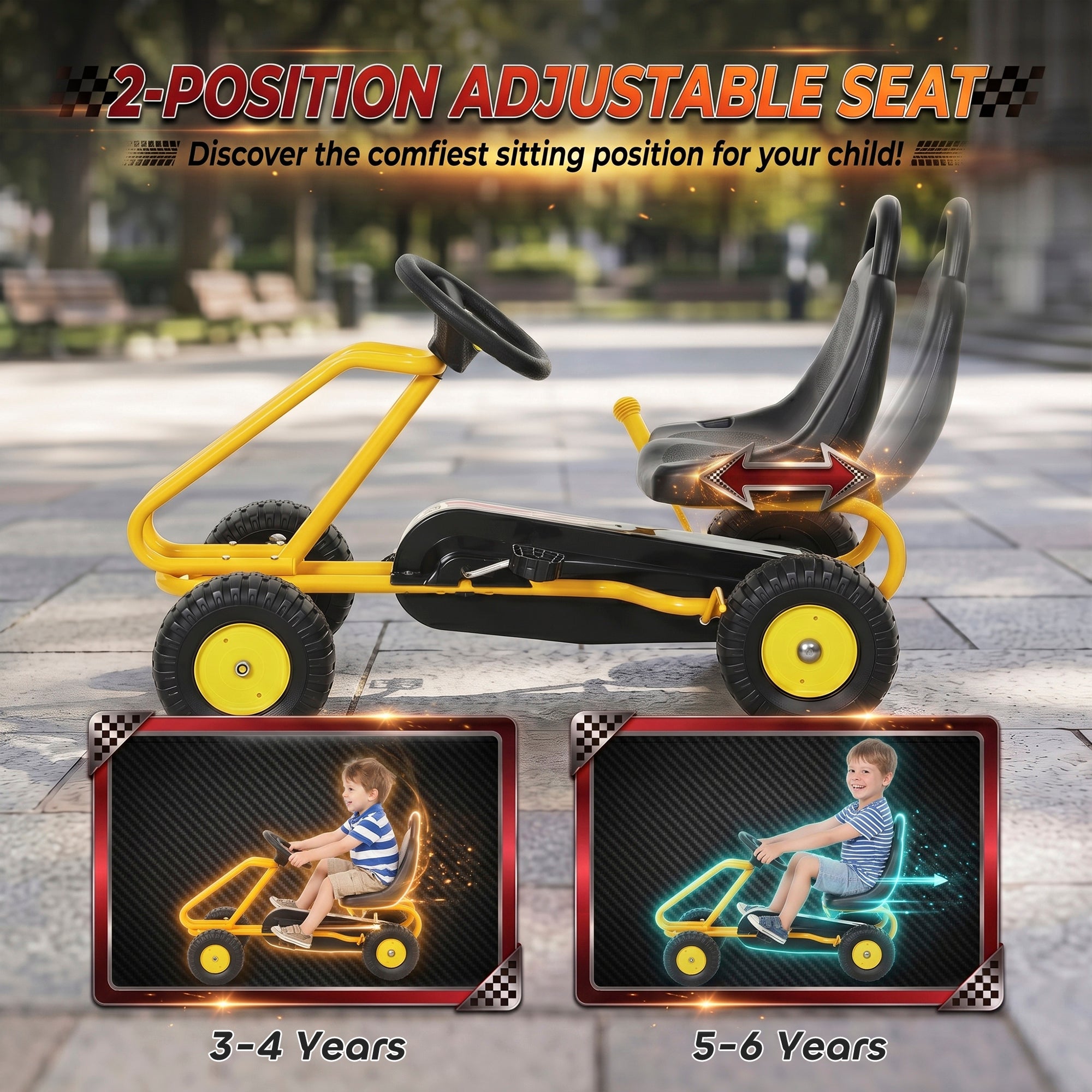 Go Kart for Kids, 4 Wheel Pedal Go Cart with Adjustable Seat, Safety Hand Brake for Boys Girls 3-6 Years, Yellow
