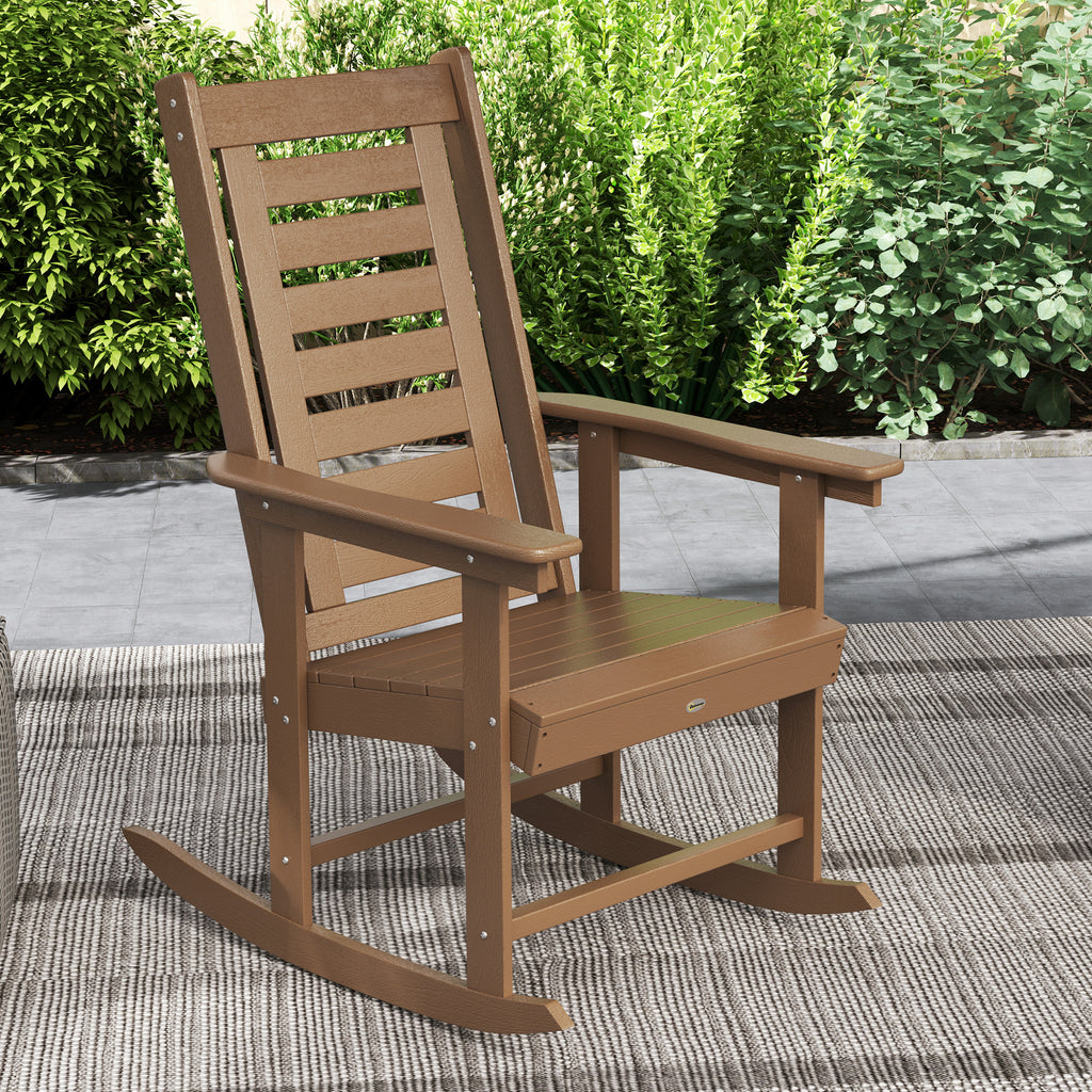 2 Pieces Outdoor Rocking Chairs, HDPE Patio Rockers with 28" High Back, Wide Armrests for Porch Backyard, Brown