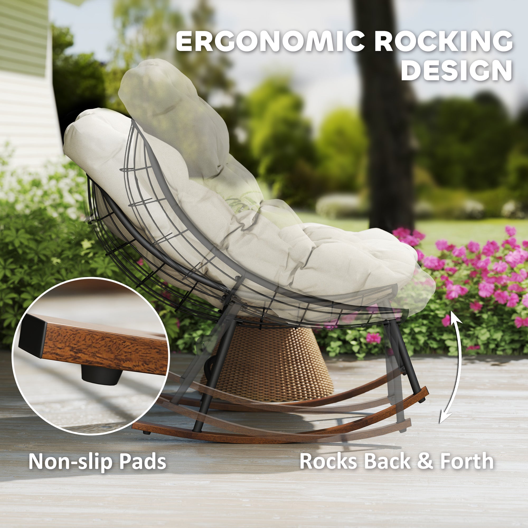 Outdoor Rocking Chair Patio Set of 2, Oversized Rocking Papasan Chairs with Cushions for Garden Porch, 265 lbs., Beige