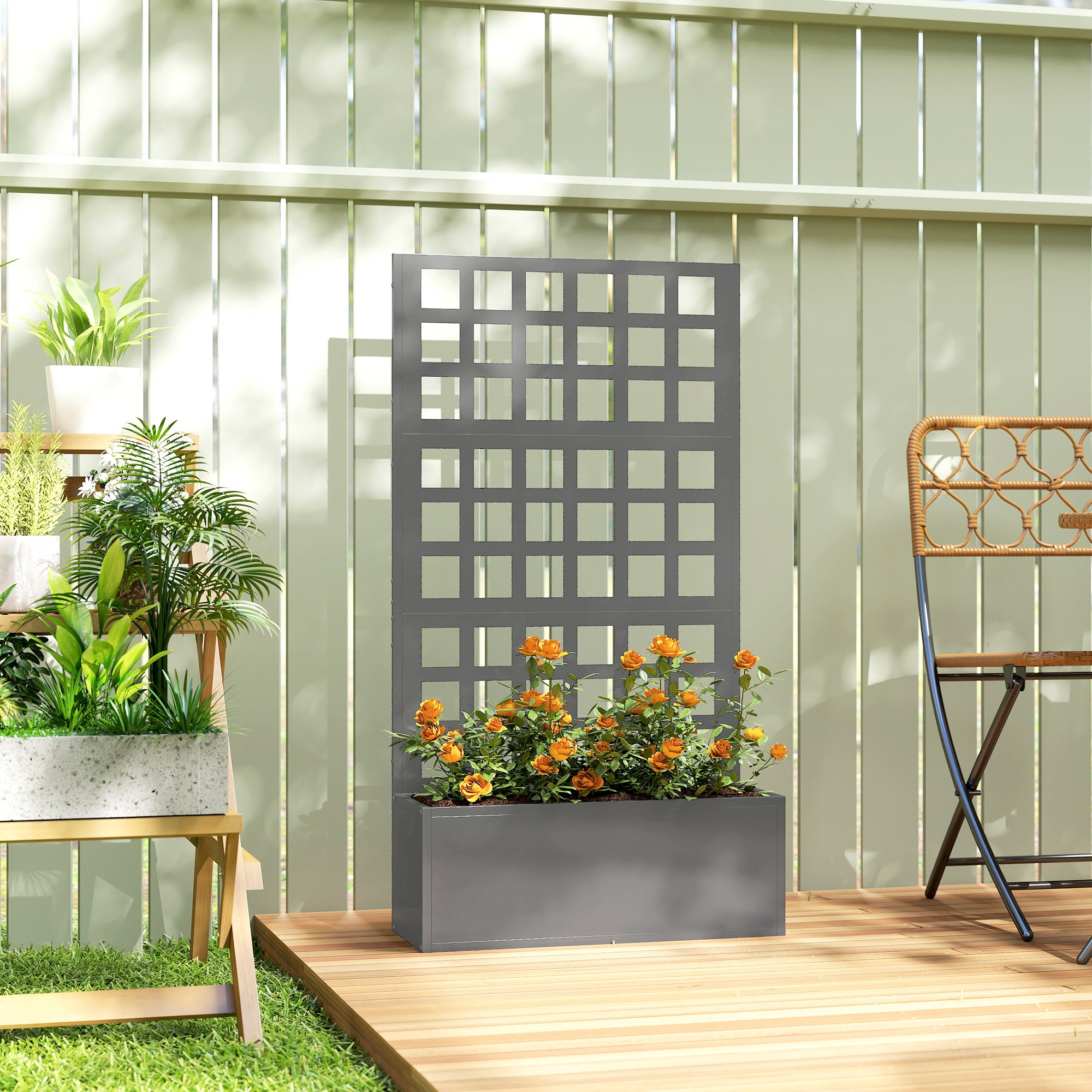 Galvanized Raised Garden Bed Planter Box with Trellis for Climbing Plants, Vegetable, Vines, 24" x 9" x 44.5", Gray