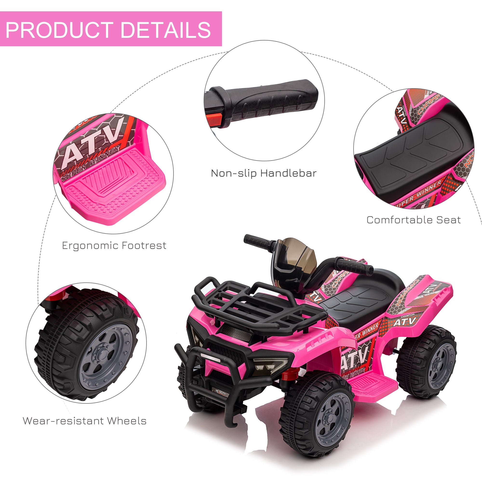 Kids Four Wheeler Ride on Car, Motorized Quad, 6V Battery Powered Electric Quad with Songs for 18-36 Months, Pink