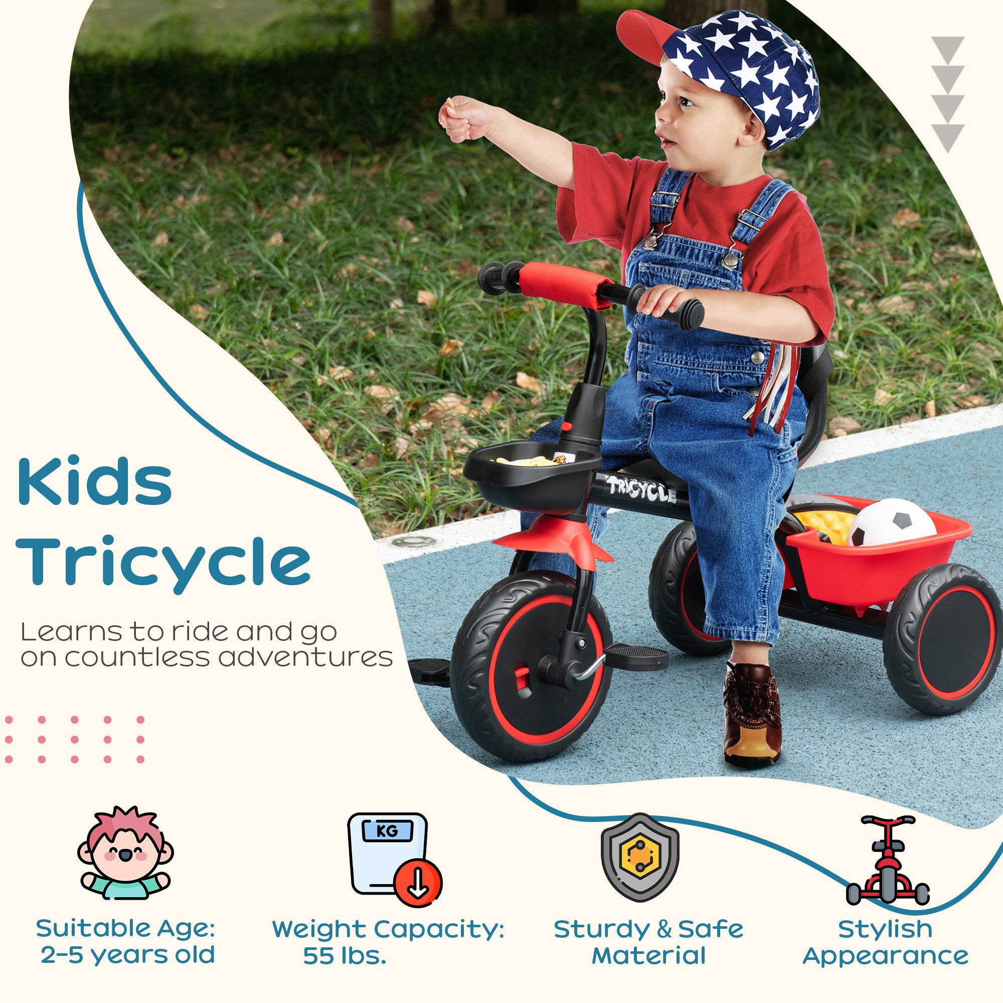 Tricycle for Toddlers Age 2-5 with Adjustable Seat, Toddler Bike with Storage Baskets for Girls and Boys, Red