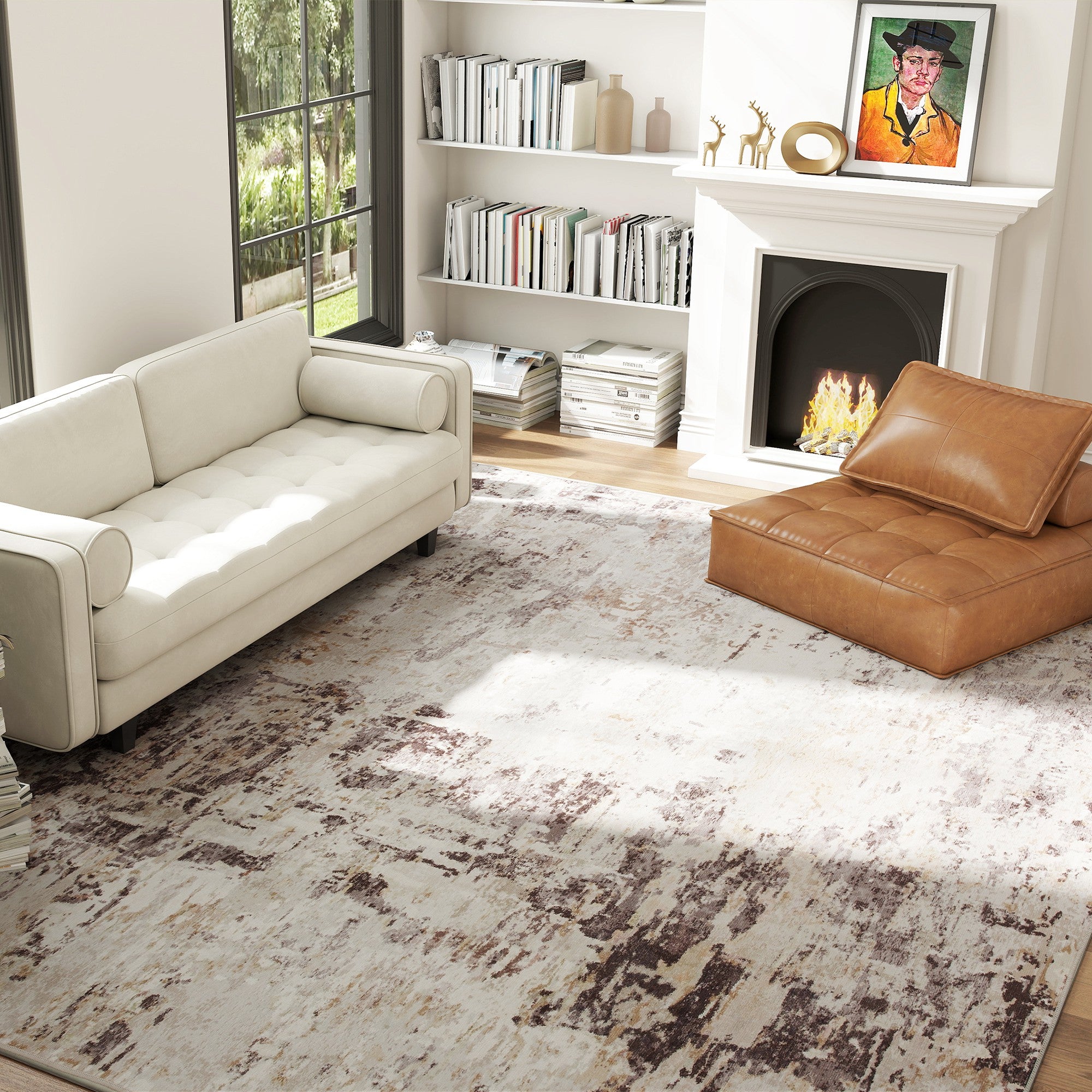 Machine Washable Area Rug 8x10, Non-Slip Modern Abstract Floor Carpet for Living Room, Bedroom, Dining Room, Mixed-Brown