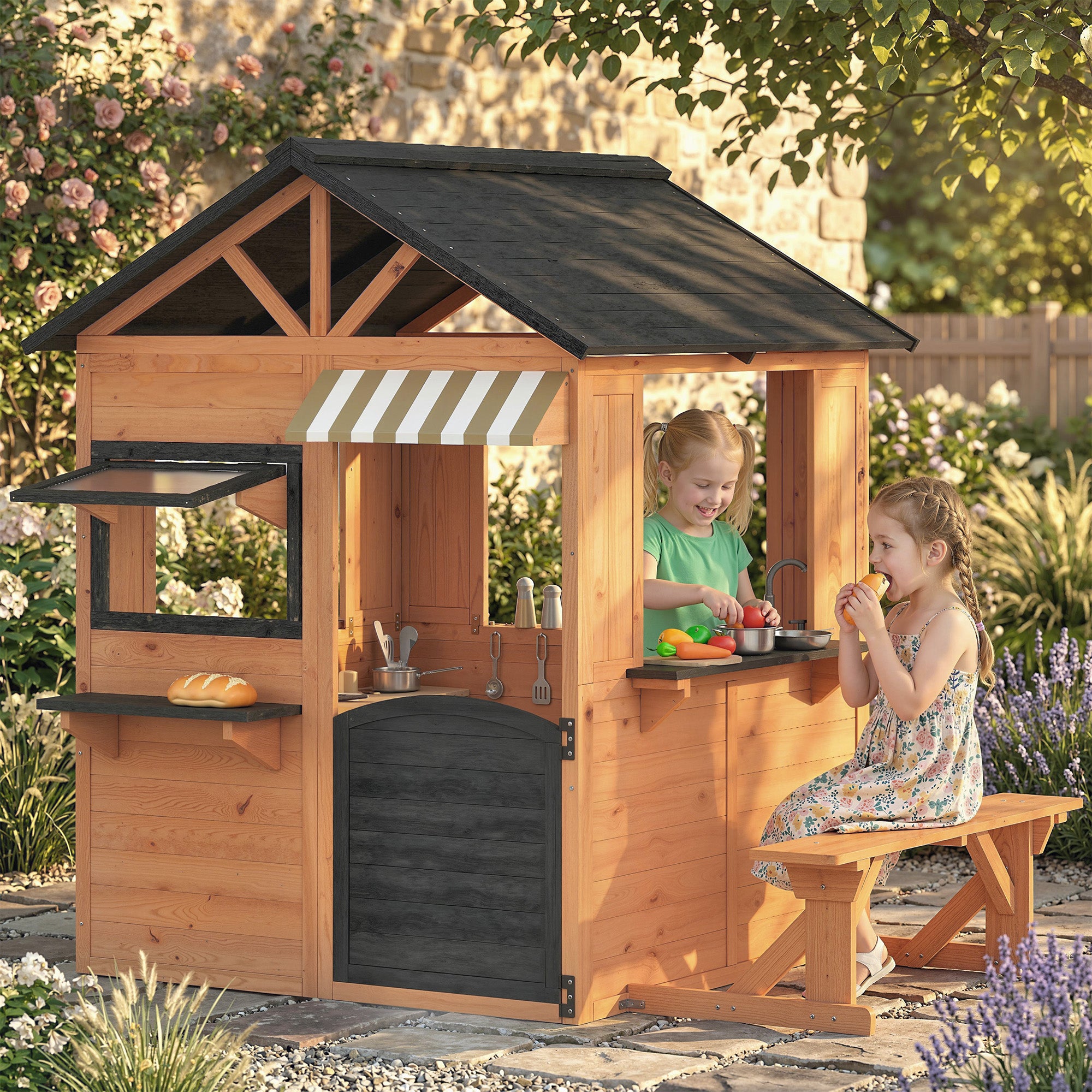 Wooden Kids Playhouse with Play Kitchen, Picnic Bench, Serving Station, Windows and Door for Backyard, Ages 3–8, Brown