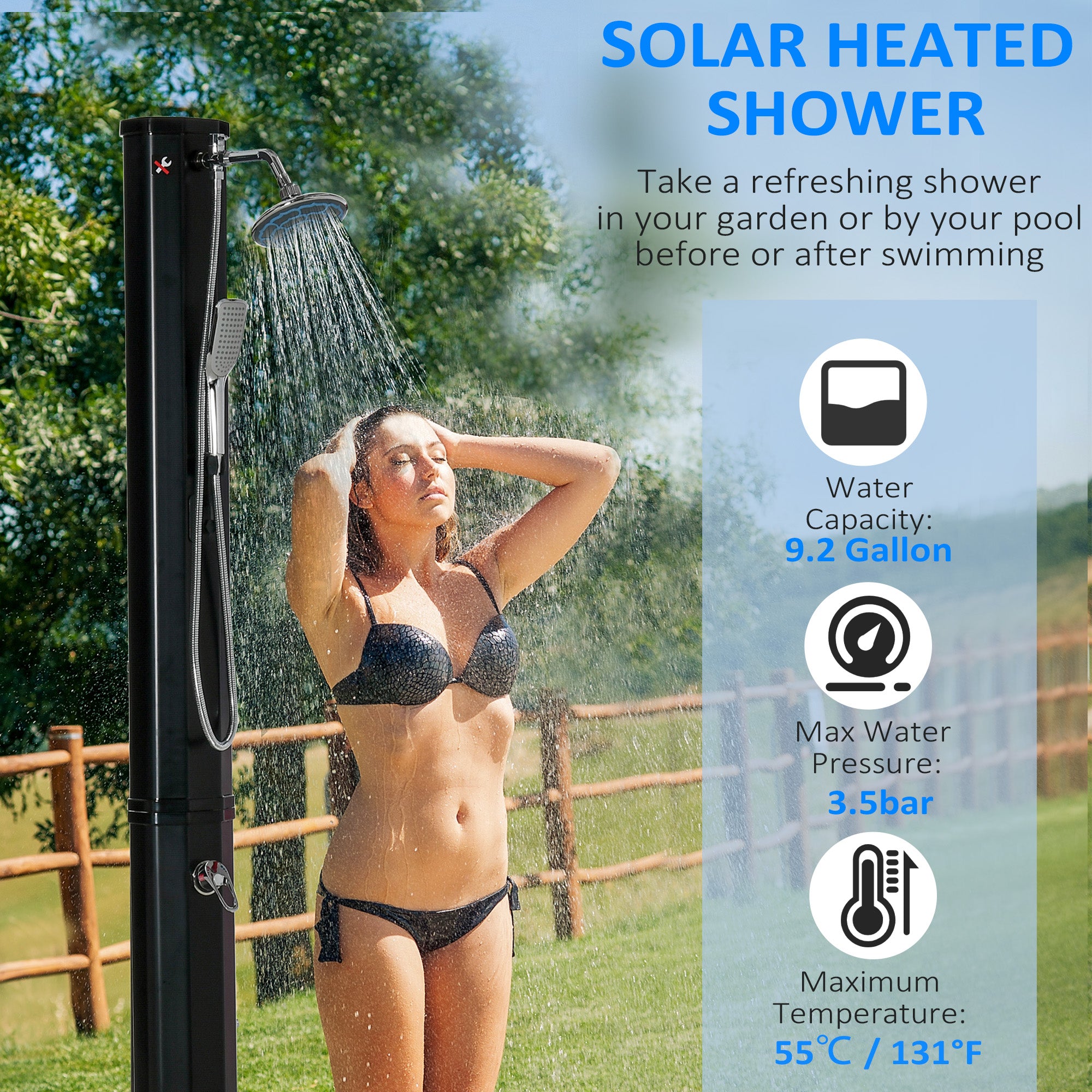 7' Outdoor Solar Heated Shower with 360 Rotating Rainfall & Handheld Shower Head, Foot Shower Faucet, Temperature and Pressure Adjustable, Holds 9.2 Gallons for Backyard Pool