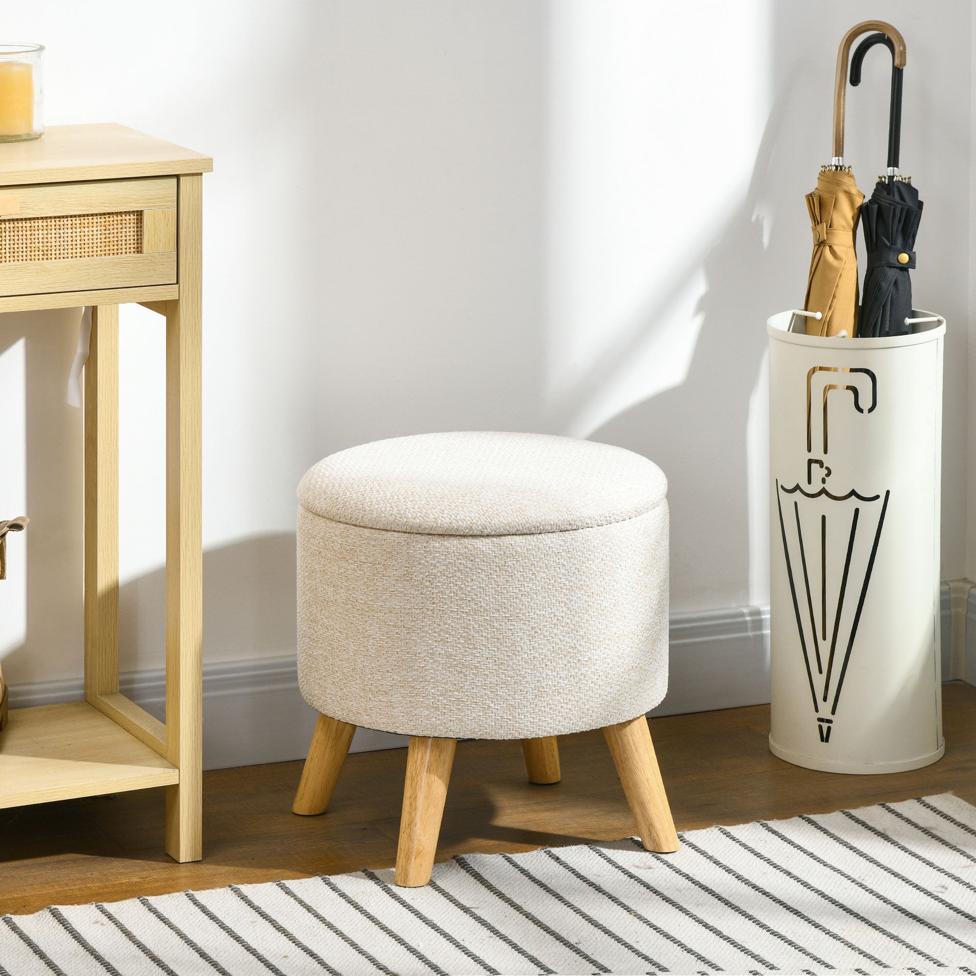 Round Ottoman Stool with Storage, Linen Fabric Upholstered Foot Stool with Padded Seat, Hidden Space and Wood Legs