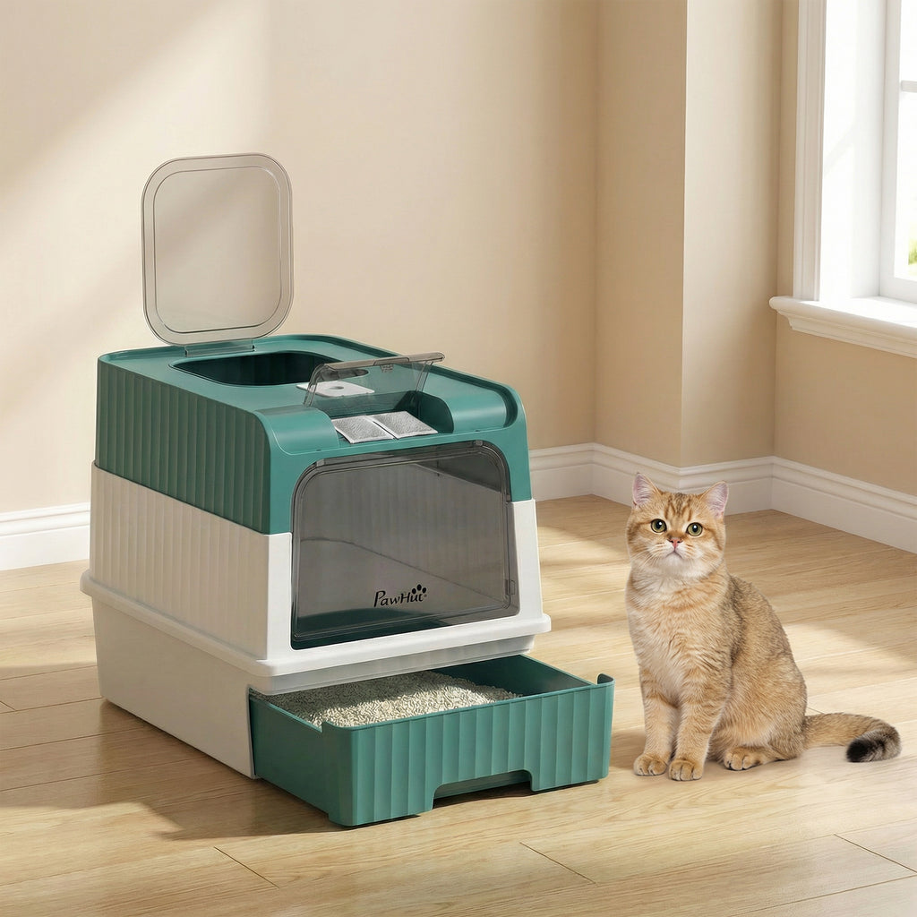 Cat Litter Box Hooded Cat Litter Tray with Drawer Pan Front Entry & Top Exit Easy Cleaning Teal