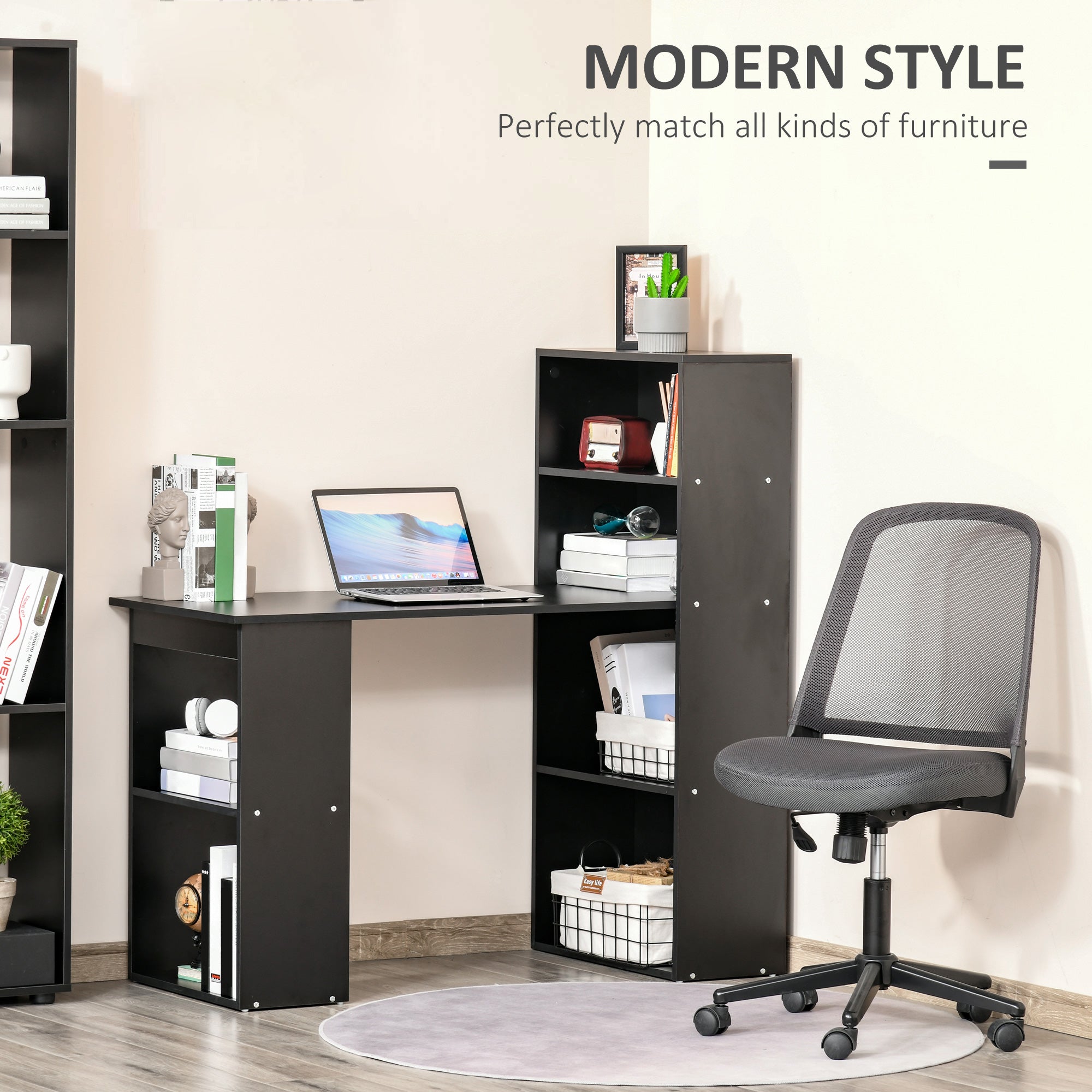 Computer Desk with 6-Tier Storage Shelves, Writing Desk Workstation with Bookshelf for Home Office, Black